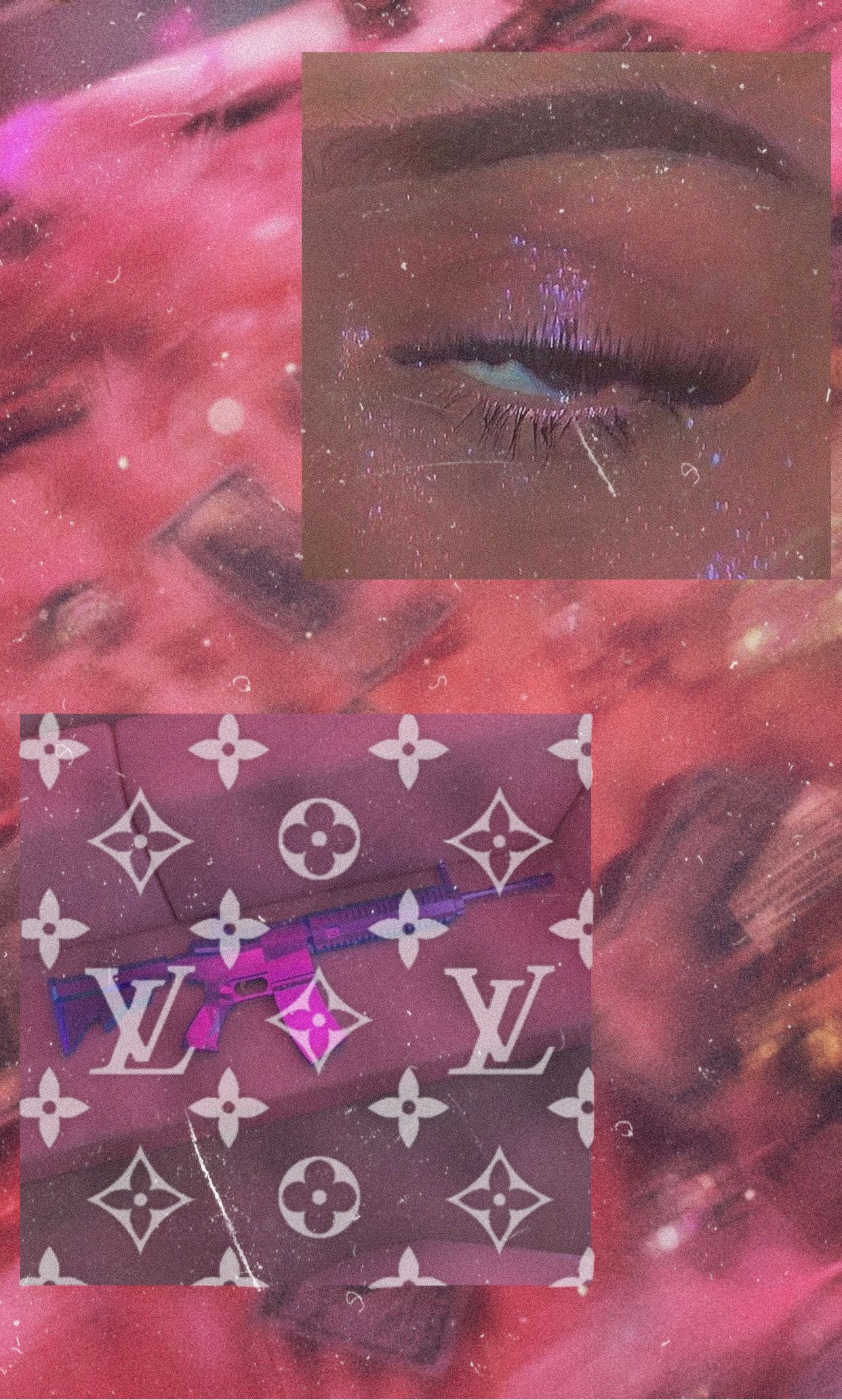A collage of a woman's eyes, a Louis Vuitton logo, and a pink and purple gun. - Baddie
