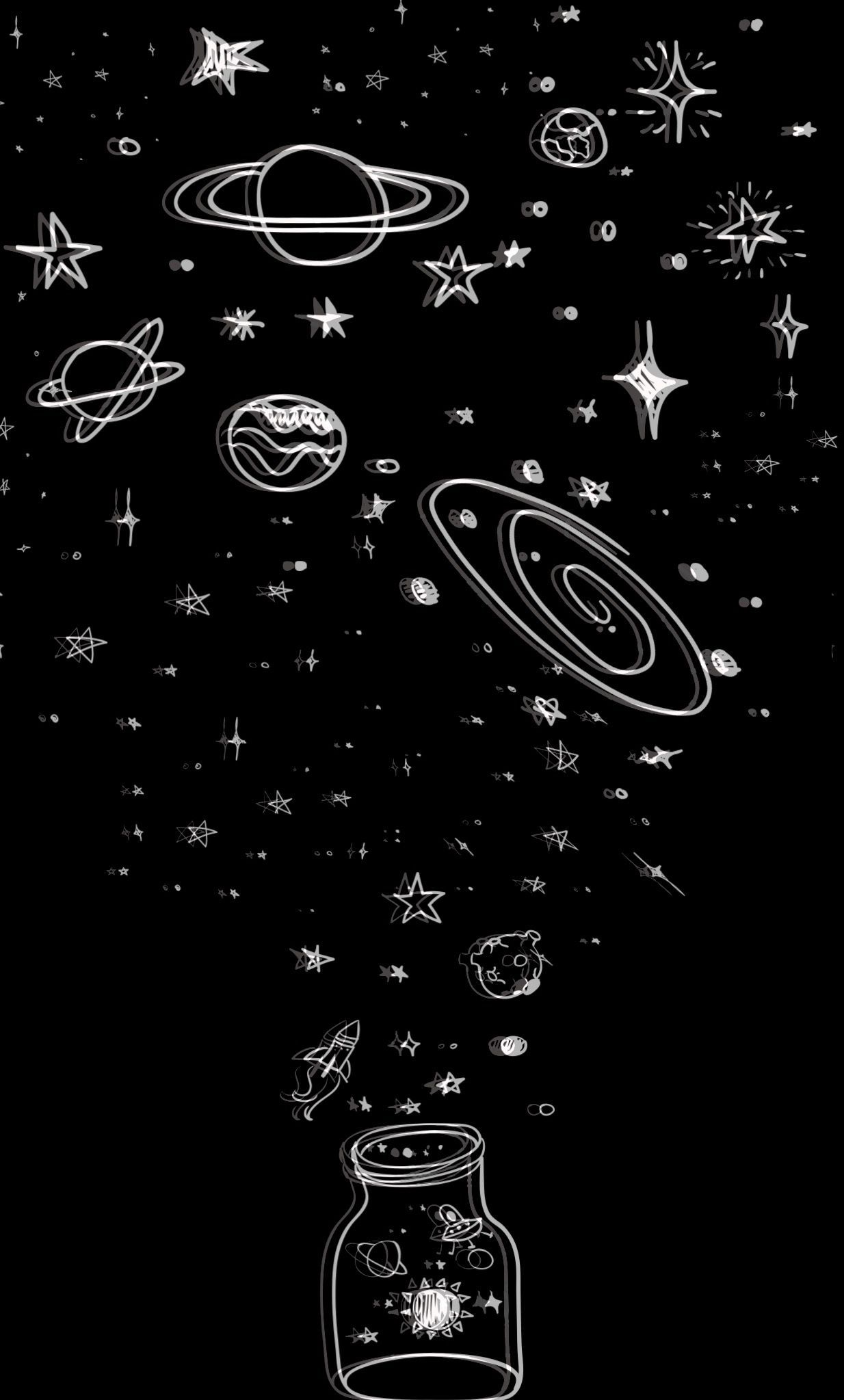 A jar of stars and planets floating in space - Doodles, space, science, black phone