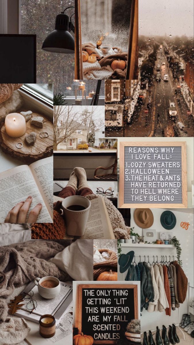A collage of cozy fall photos including a window, books, a candle, and a letterboard. - Cozy