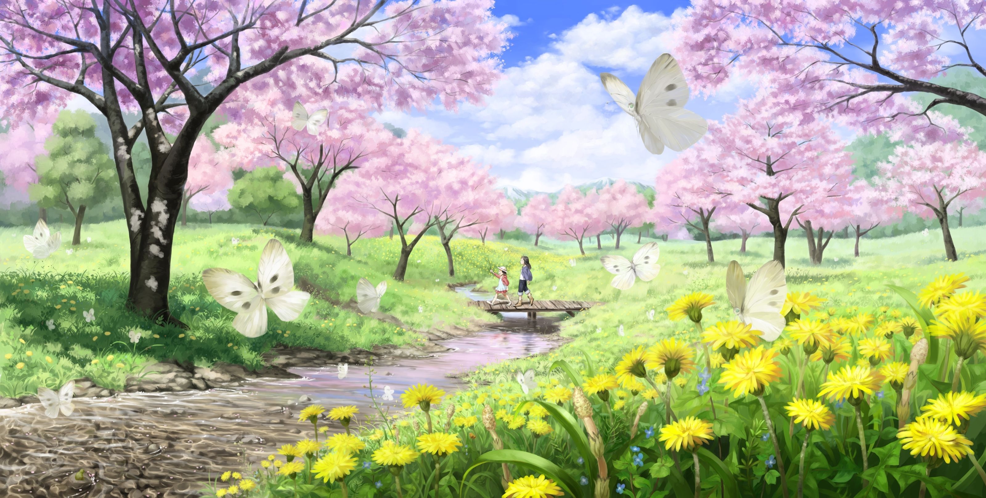 A beautiful anime scenery with cherry blossoms, butterflies, and a stream. - Spring
