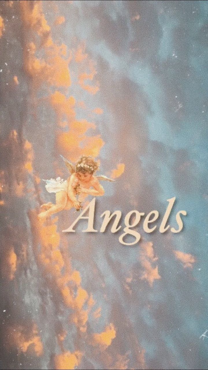 Aesthetic background of a cherub angel flying in the sky with the word 