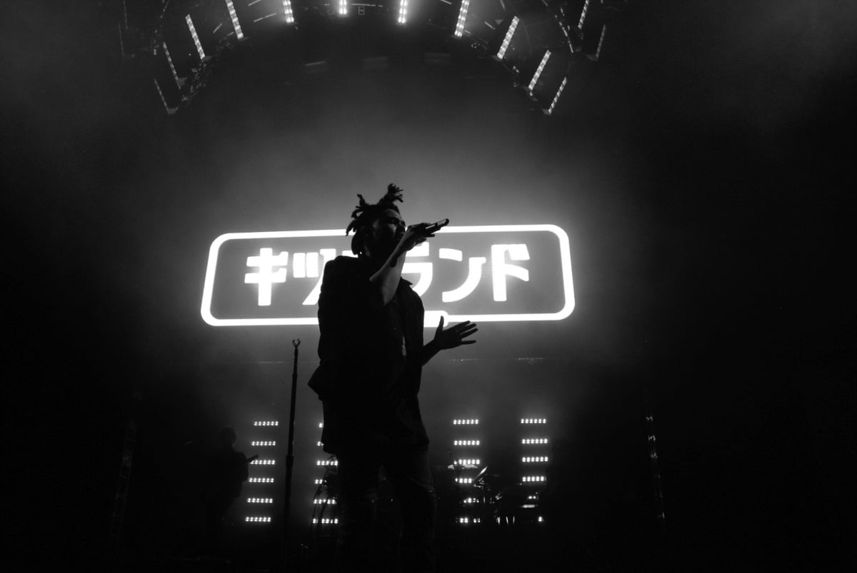 A person in black and white standing on stage - The Weeknd
