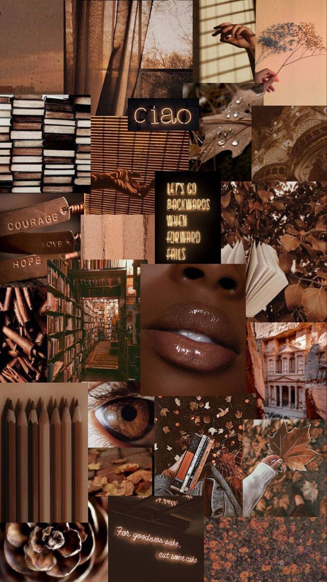Aesthetic collage of brown, beige, and black images, including books, a woman's lips, and a bird. - Light brown, brown