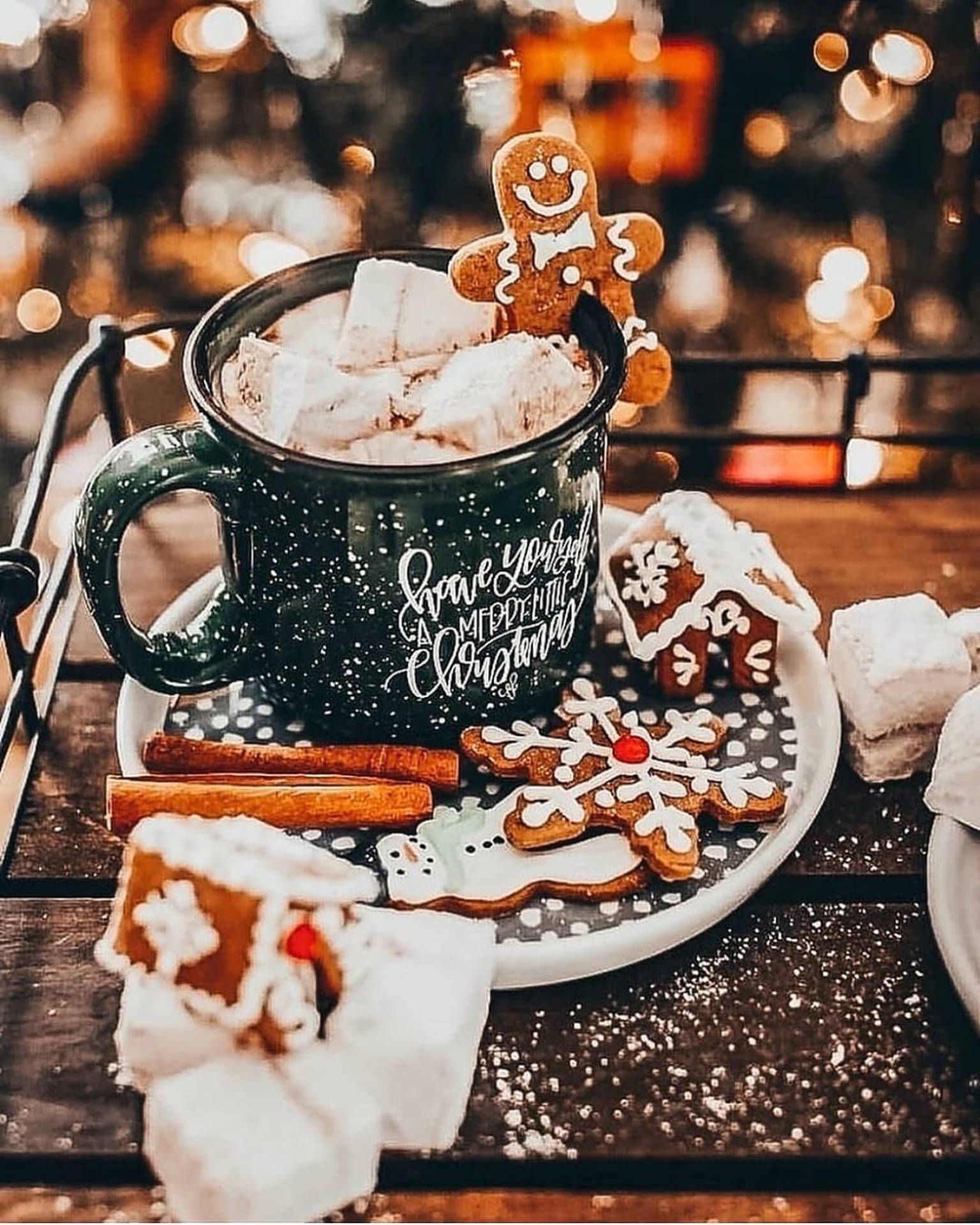 A cup of hot chocolate with gingerbread cookies on top - Cozy