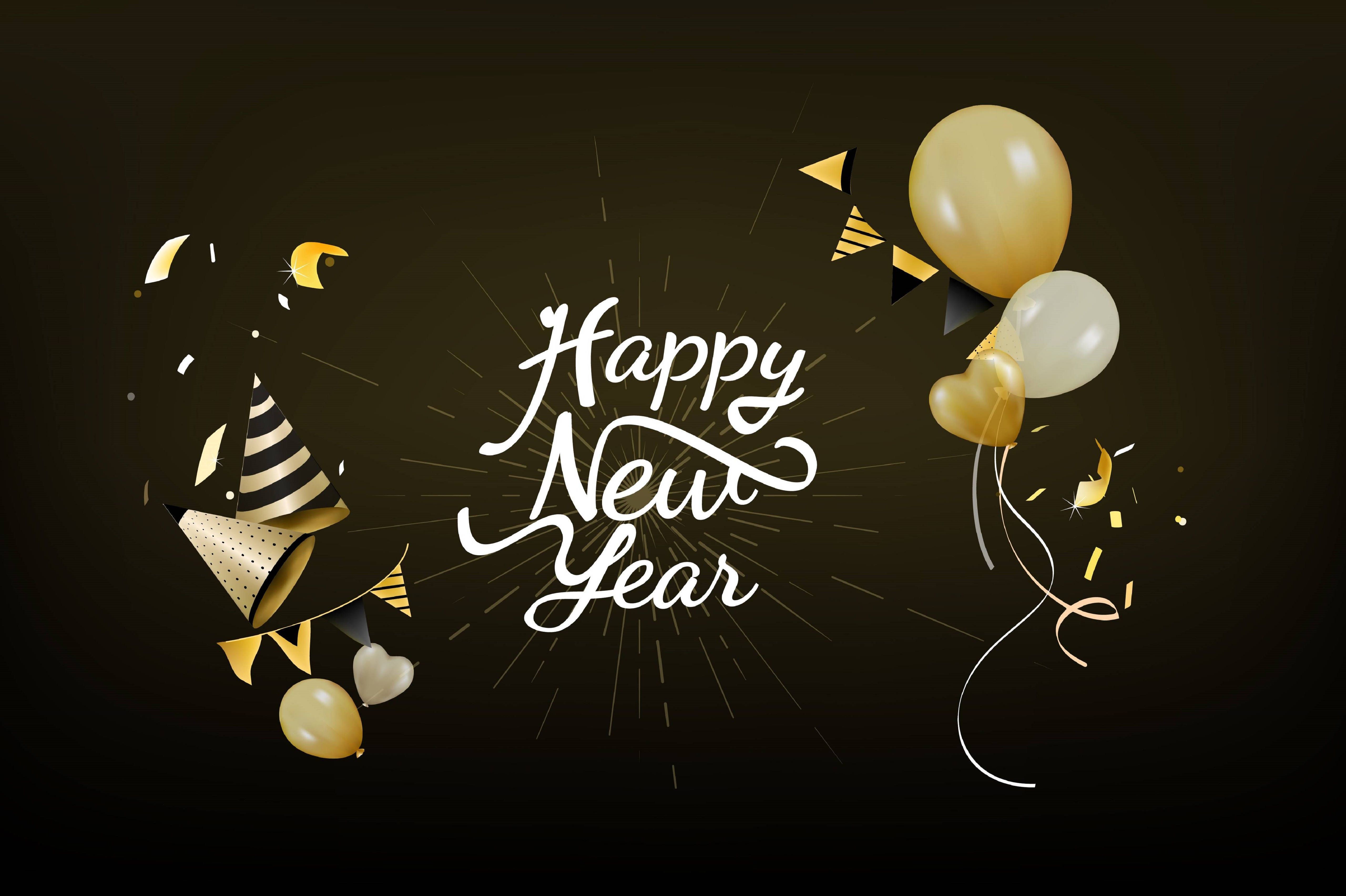 New Year's card with golden balloons and serpentine on a black background - Happy, New Year