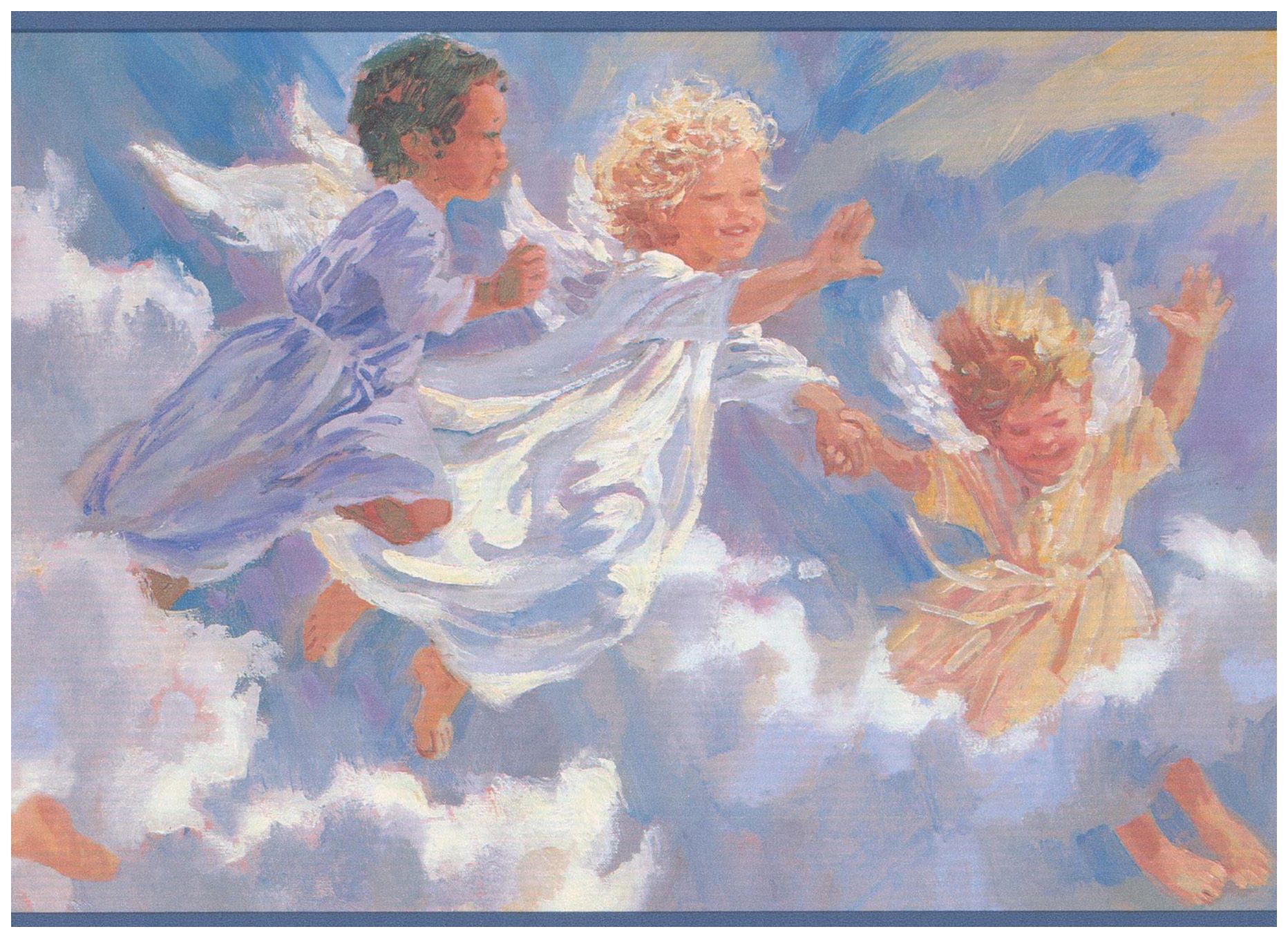 A painting of three angels flying in the sky - Angels