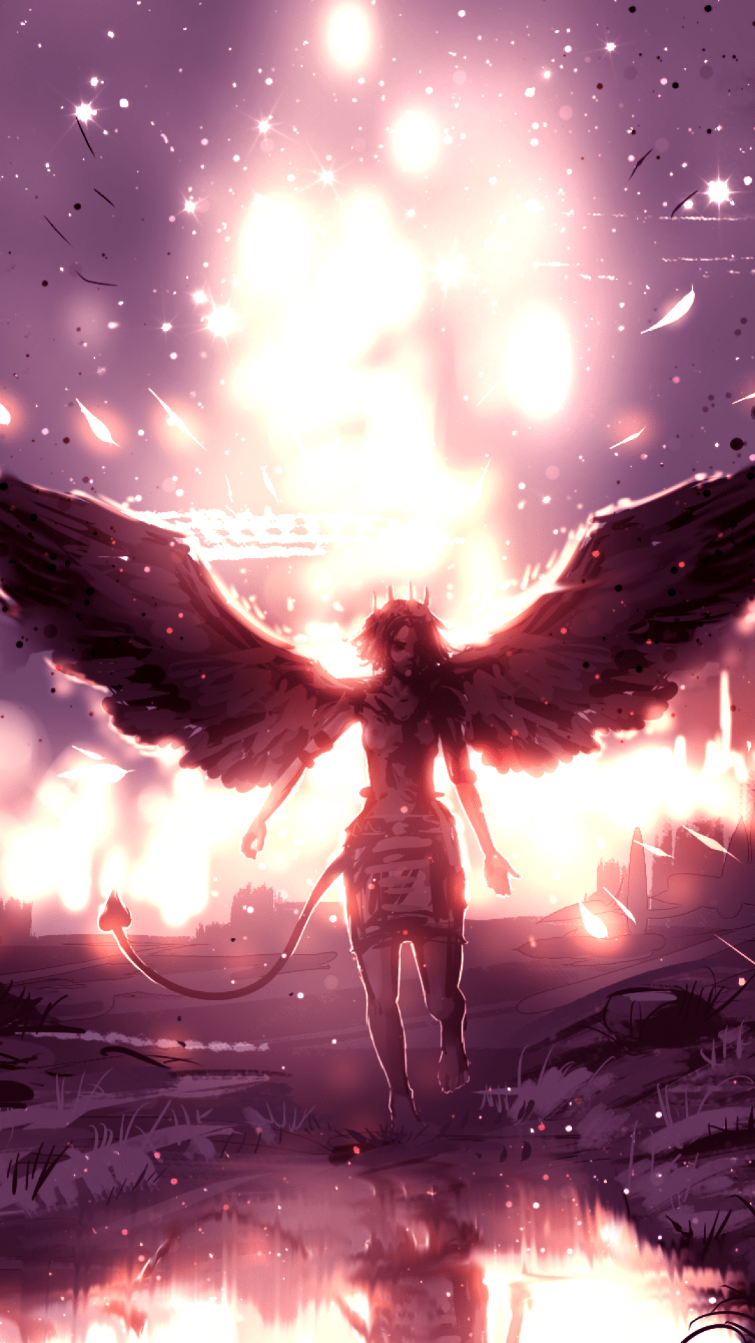 A woman with wings and horns is walking - Angels