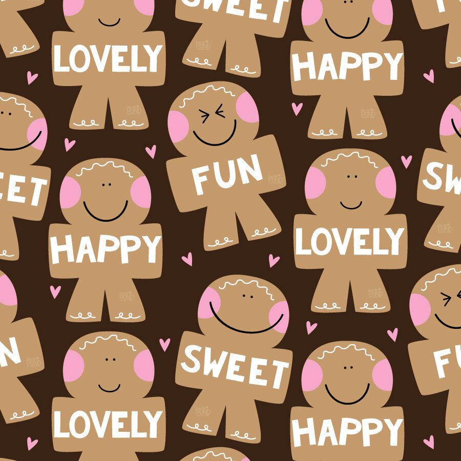 A pattern of gingerbread men with words such as 