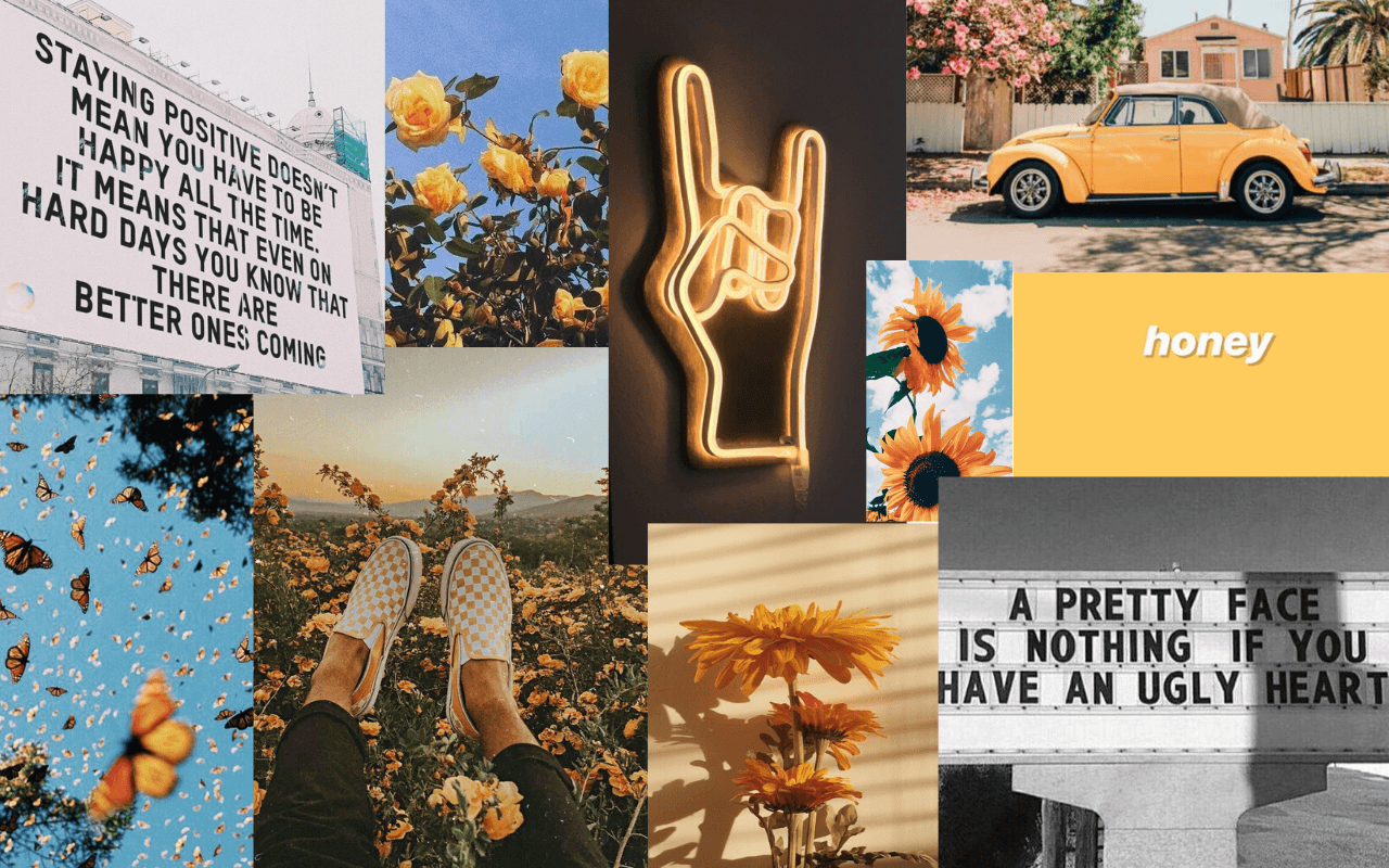 Collage of yellow aesthetic images including a yellow car, flowers, and a neon sign. - Happy