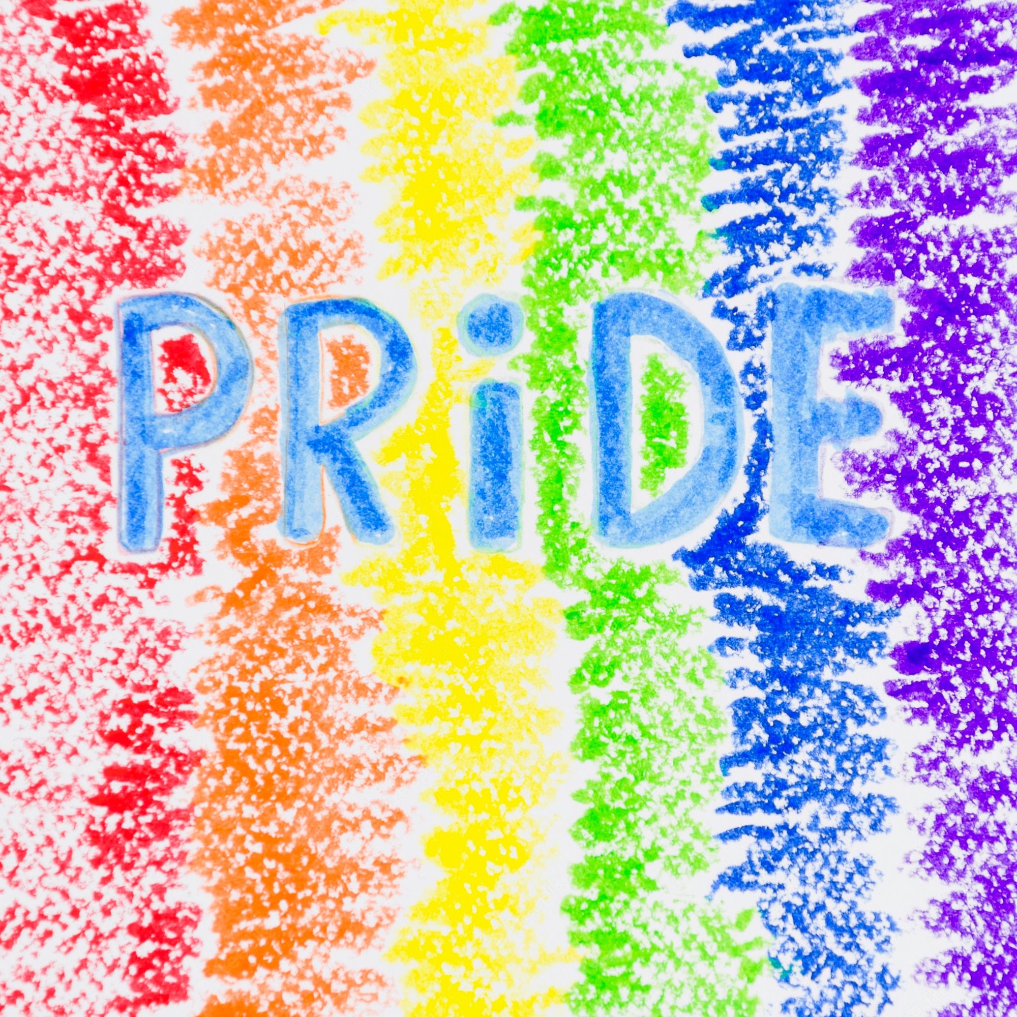 A rainbow colored drawing with the word pride written in blue - Pride