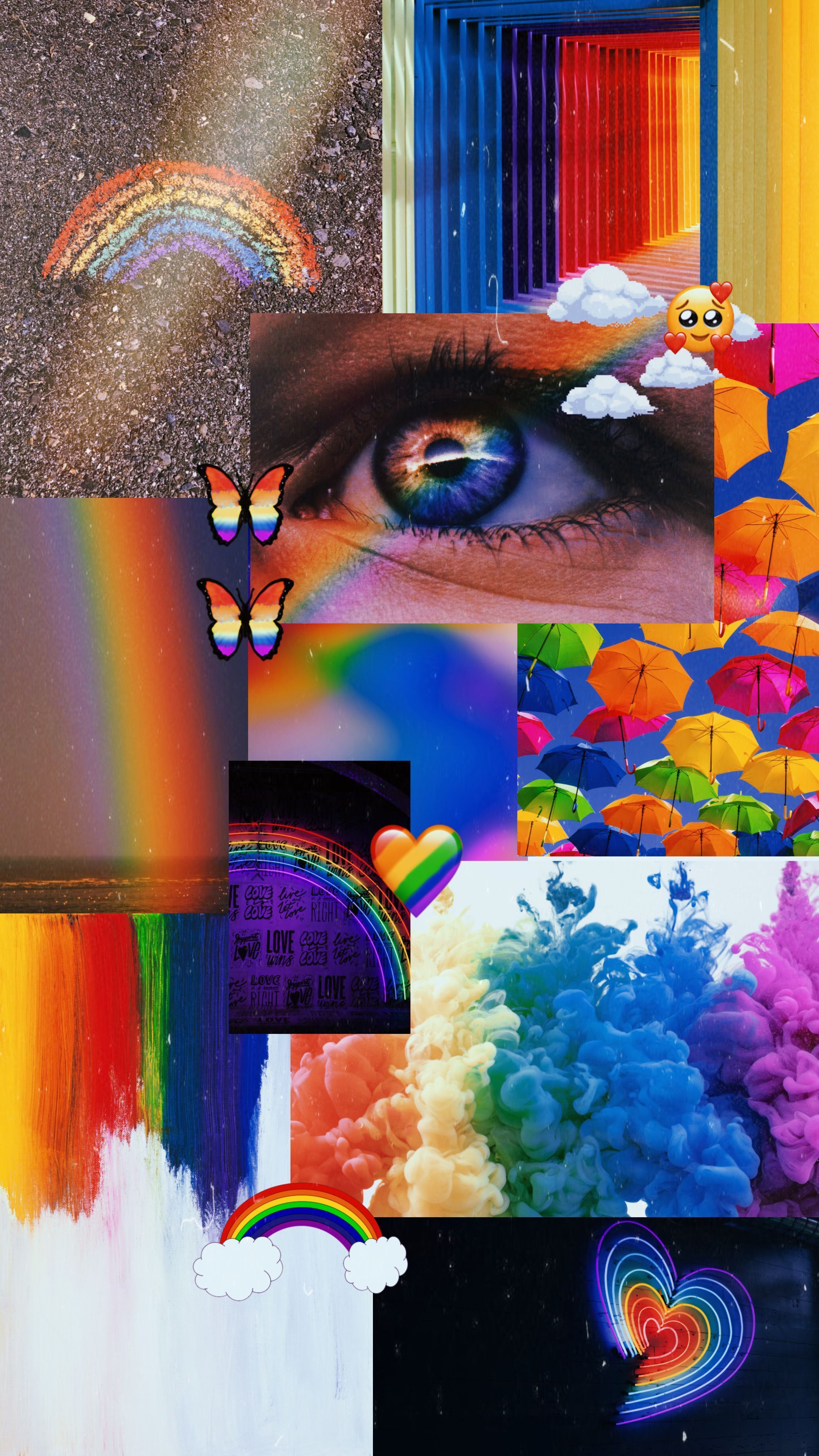 A collage of different rainbow and butterfly images - Pastel rainbow, pride, rainbows, colorful