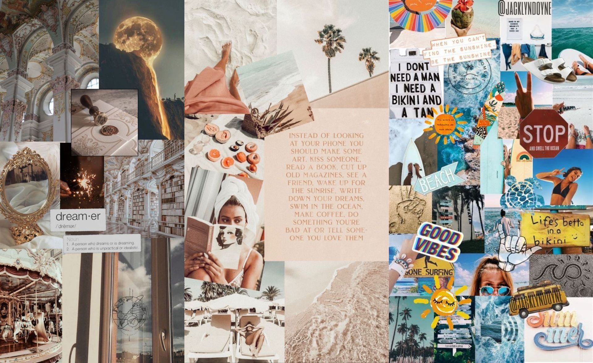Collage of photos, quotes, and images about the beach, reading, and good vibes - Warm, happy, New Year, TikTok, cool, collage, fashion, beach, illustration, California, paper