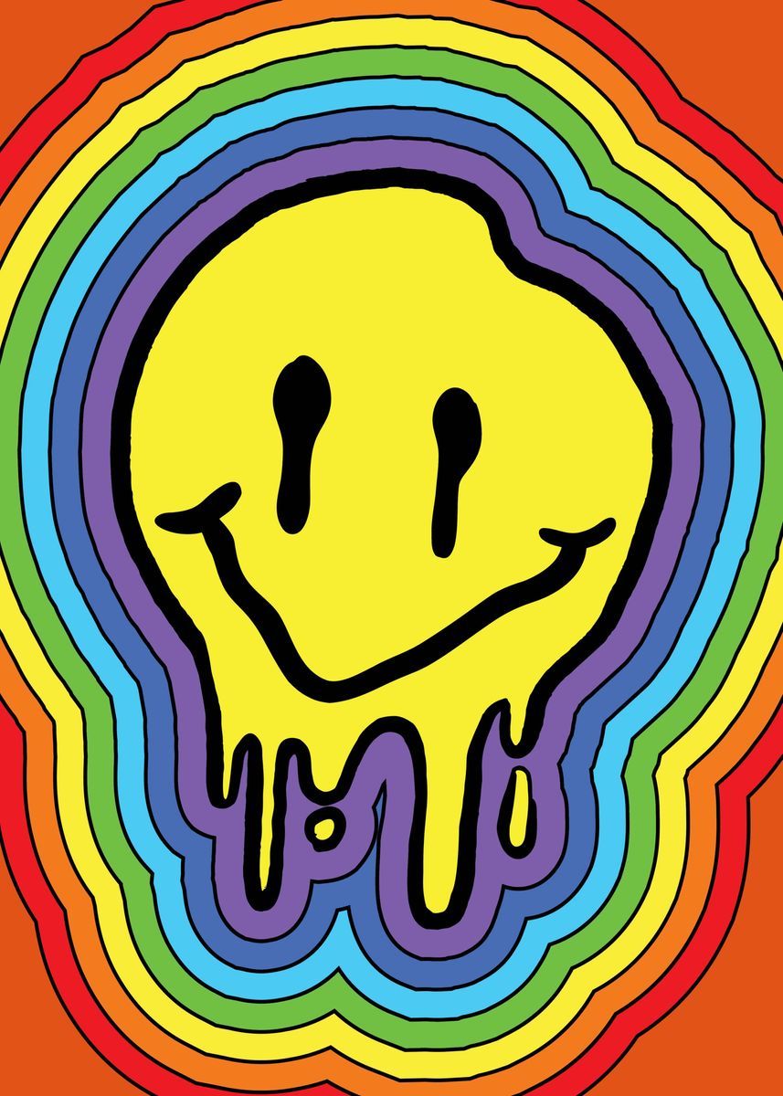 A smiley face with rainbow colors and dripping paint - Kidcore