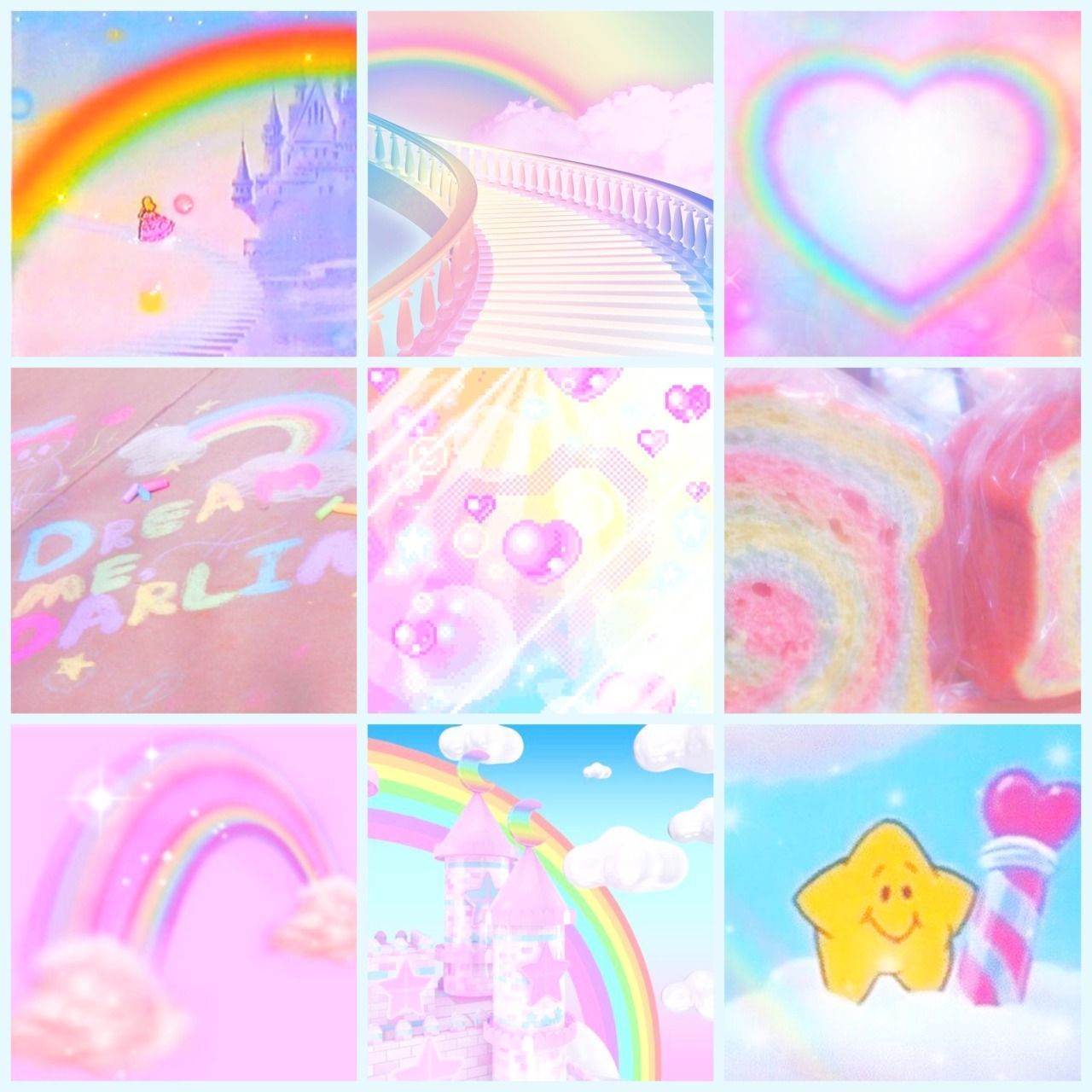 Aesthetic backgrounds of a rainbow, a castle, a heart, and a star - Webcore, kidcore
