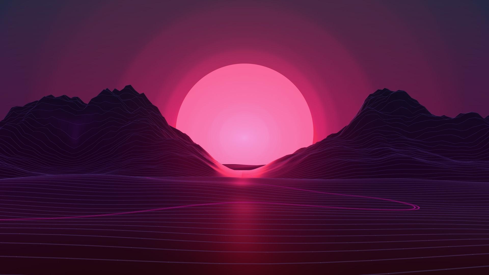 A pink sunset over mountains and water - Pink, neon pink
