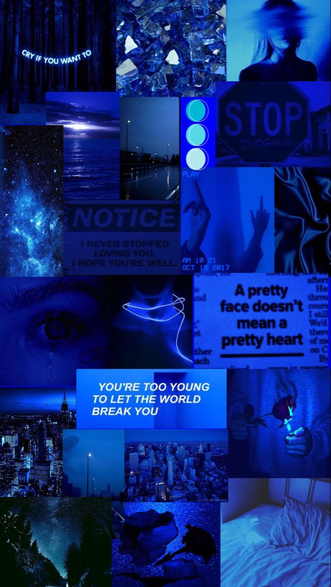 A collage of blue pictures with the words stop - Dark blue, navy blue, neon blue