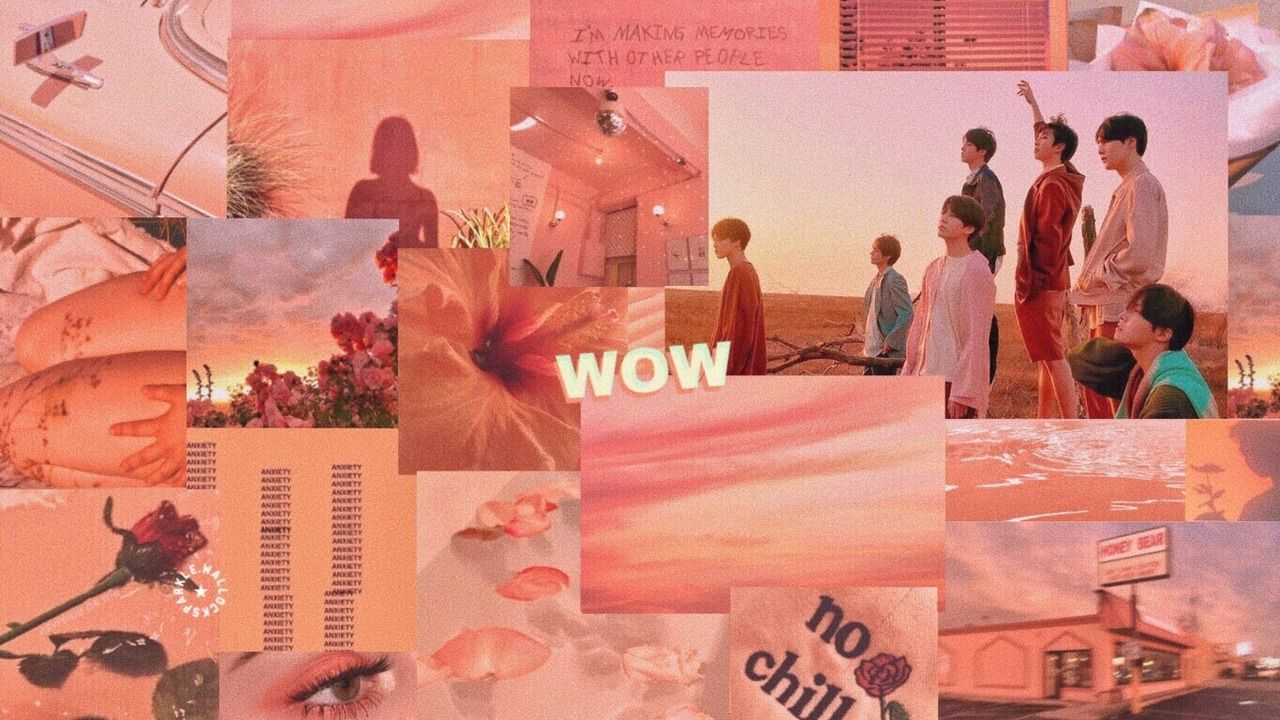 A collage of people and flowers with the words wow - Peach