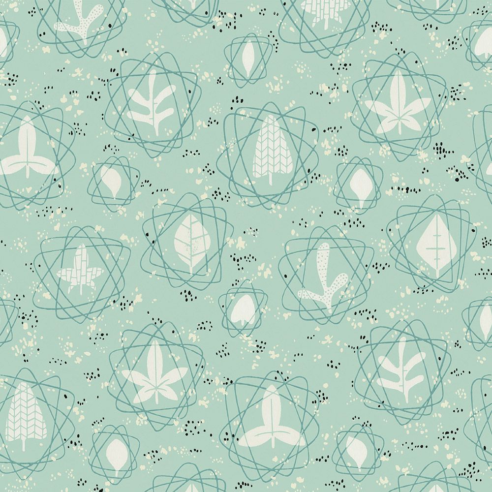 A repeating pattern of abstracted leaves and geometric shapes on a light blue background - 60s