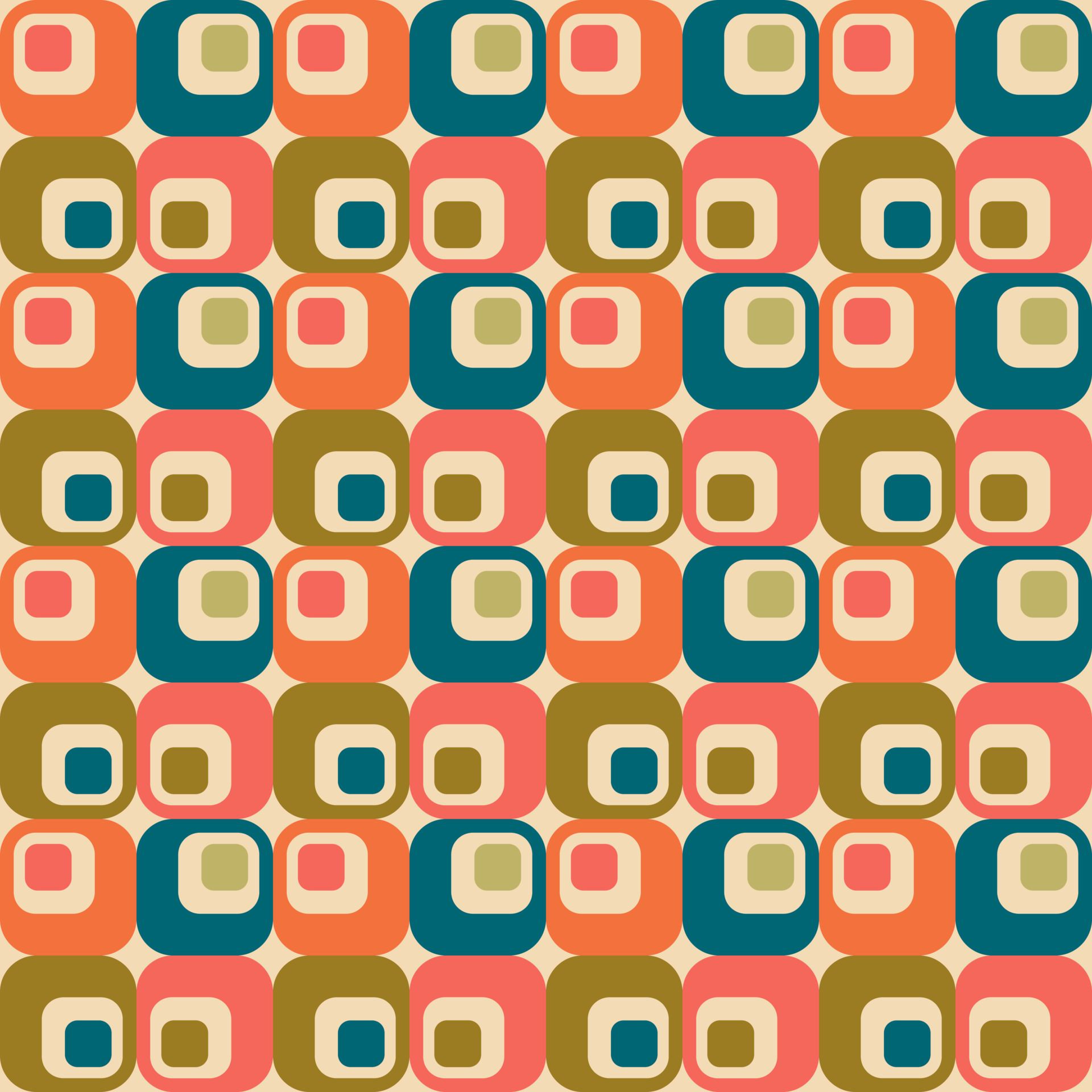 A colorful pattern of squares and rectangles in shades of blue, orange, green, and brown. - 60s, 50s, modern