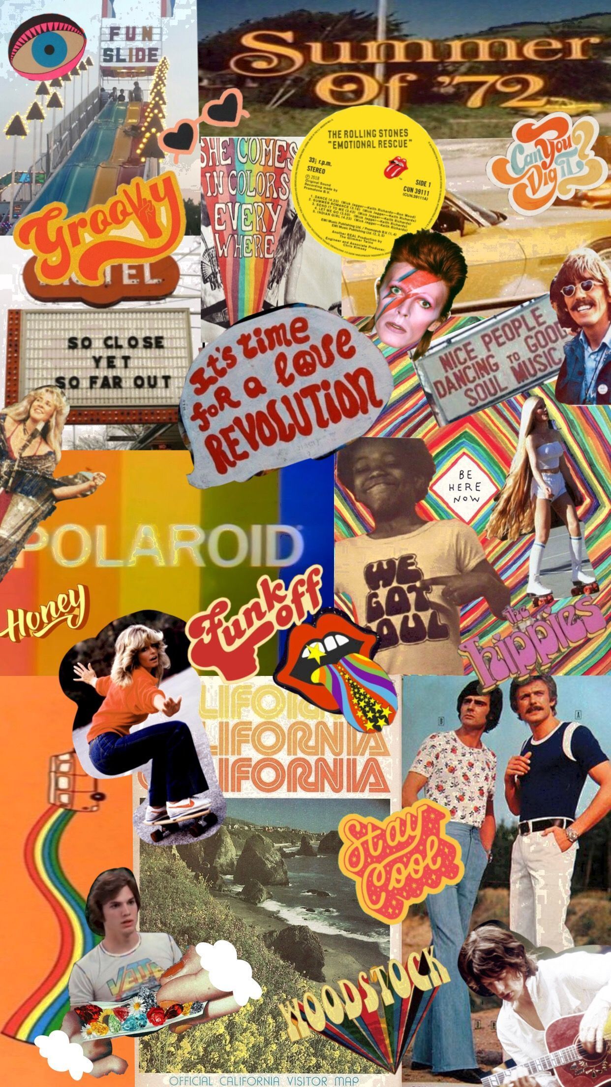 A collage of vintage 70s images, including Polaroid, California, and a man in a rainbow shirt. - 60s, 80s, David Bowie, 70s