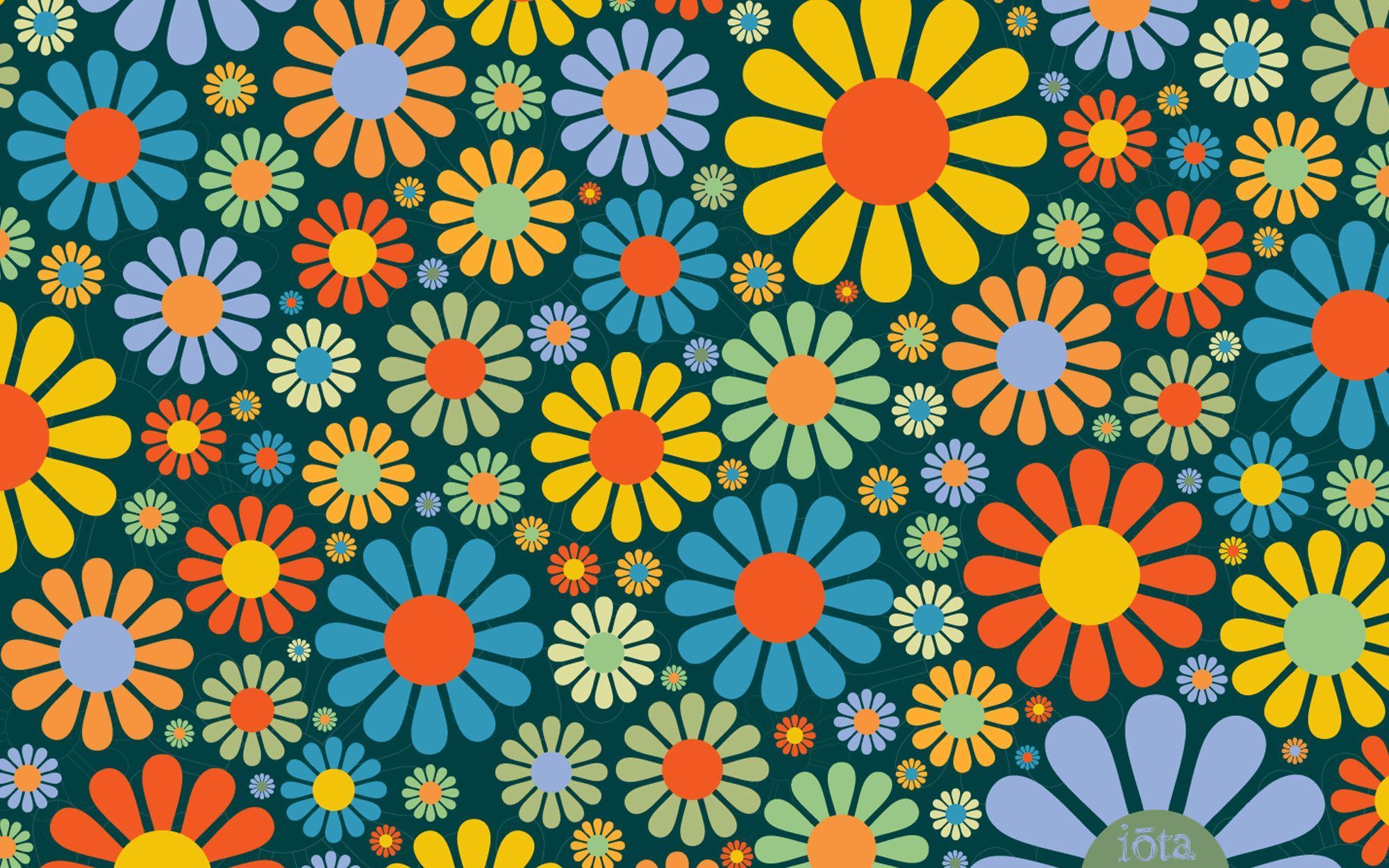 A seamless pattern of colorful flowers - 60s, 70s