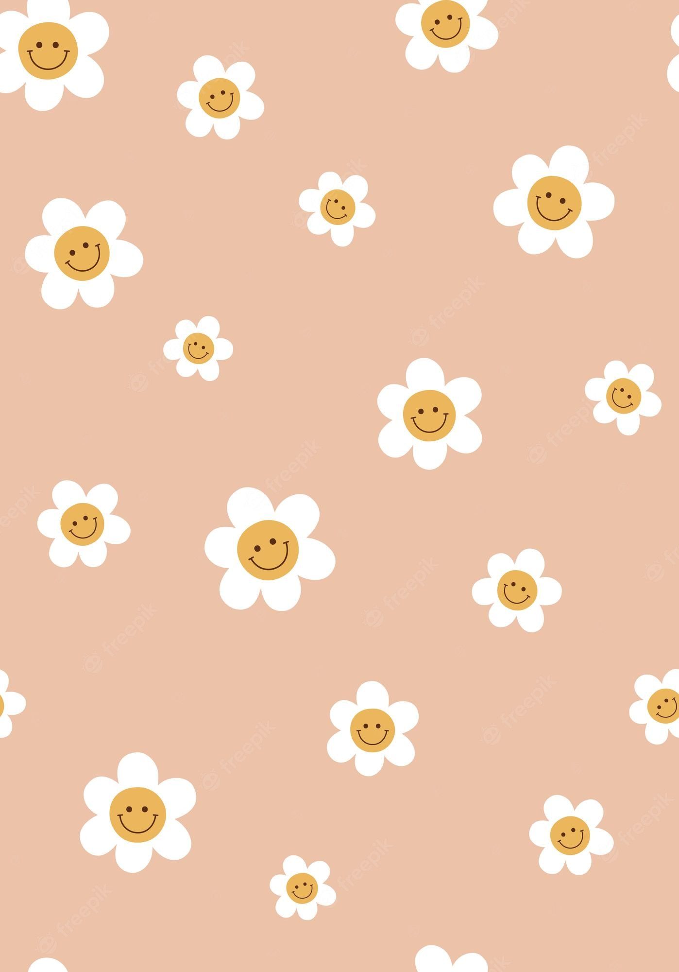 A wallpaper with a pattern of white flowers with yellow smiley faces in the center on a salmon pink background - 60s, flower, cute, 70s, fashion, pattern, 80s, daisy, illustration, pastel minimalist