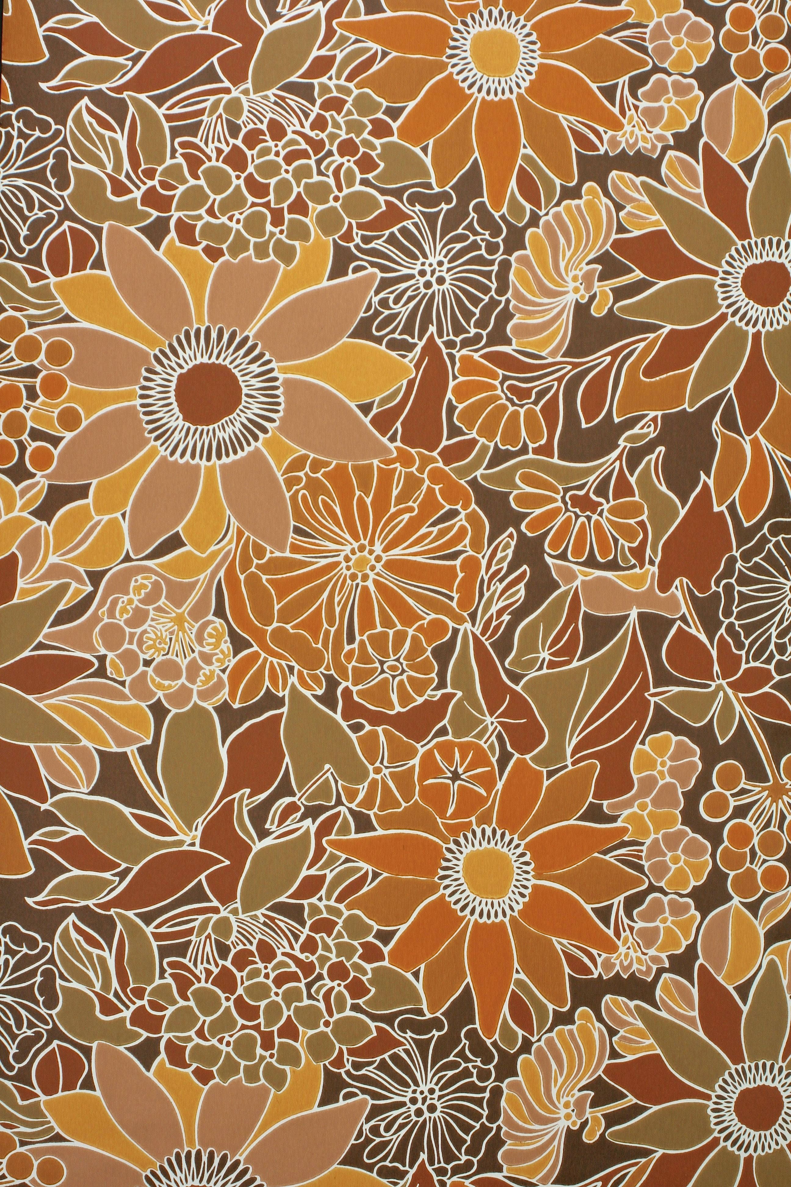 A brown and orange flower pattern on fabric - 70s, vintage