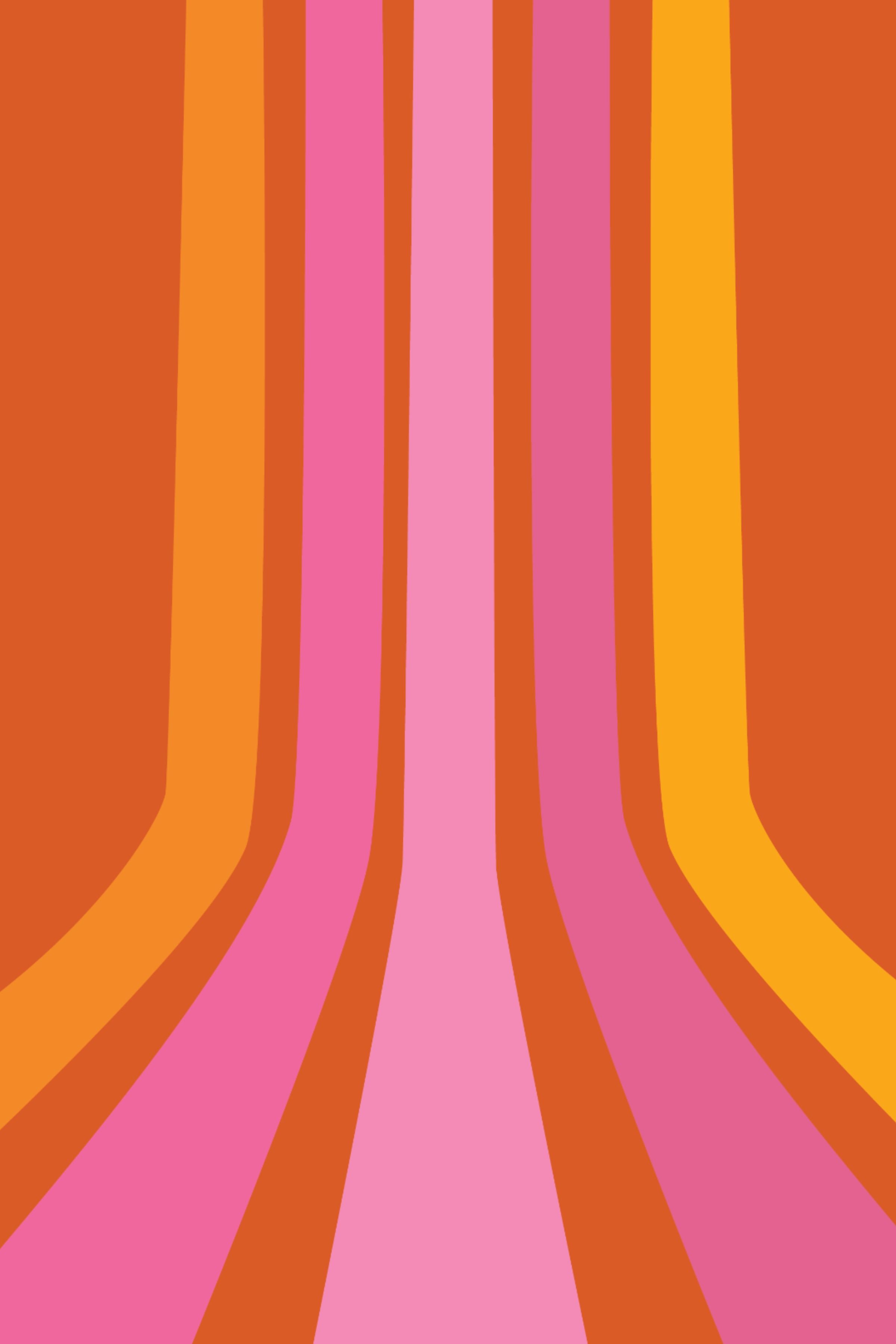 Groovy retro rainbow colored lines on a warm pink background - 70s