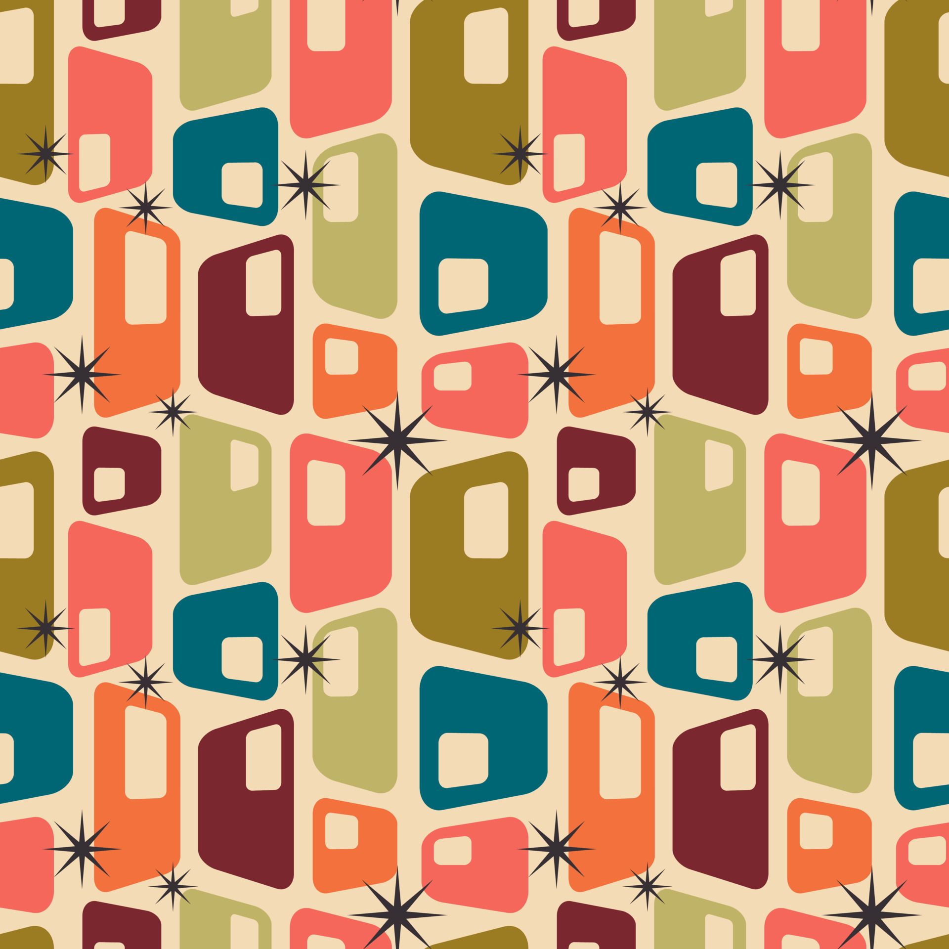 Aesthetic mid century printable seamless pattern with retro design. Decorative 50s, 60s, 70s style Vintage modern background in minimalist mid century style for fabric, wallpaper or wrapping