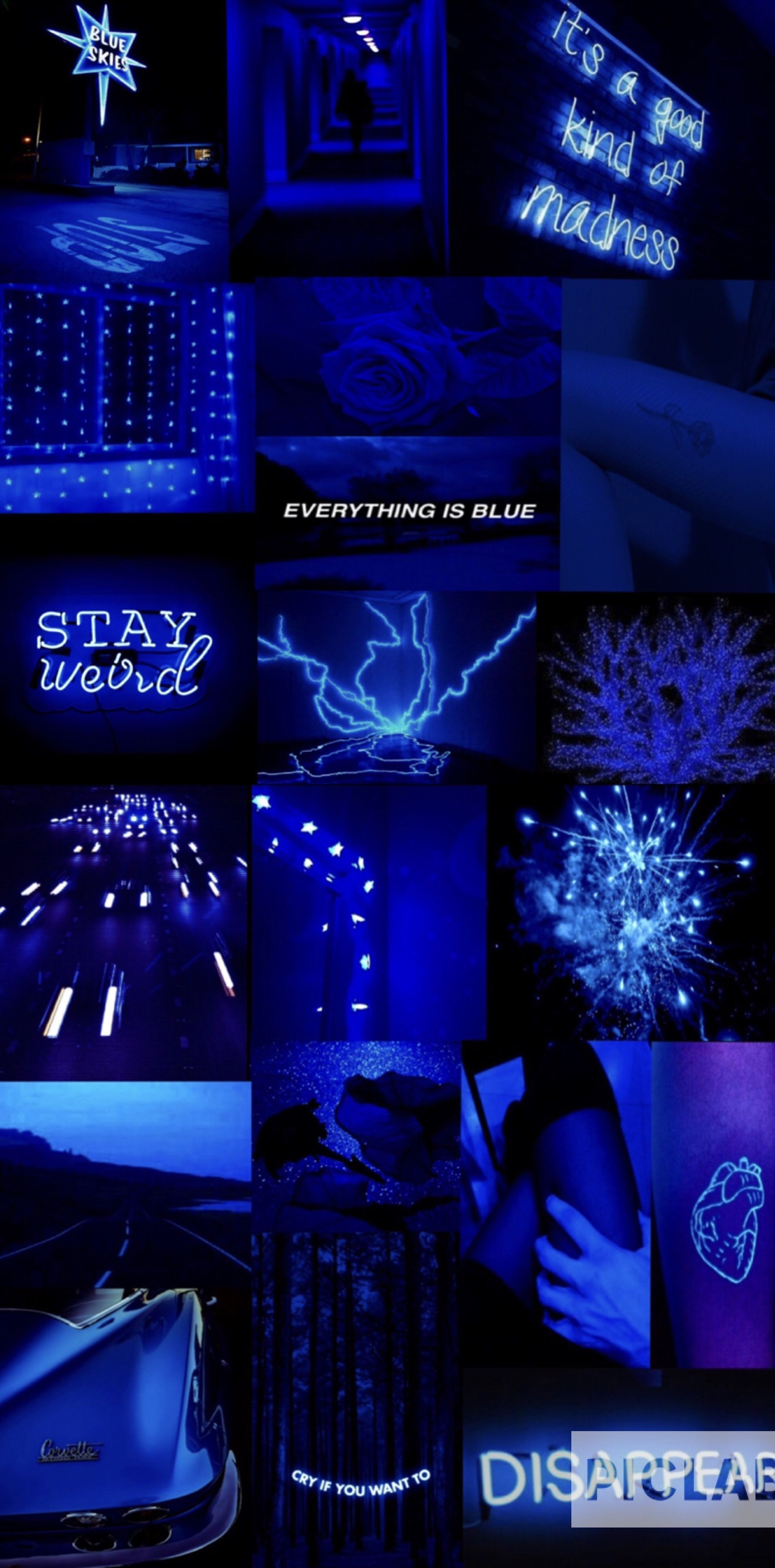 A collage of pictures with blue lighting - Blue, dark blue, neon blue, navy blue