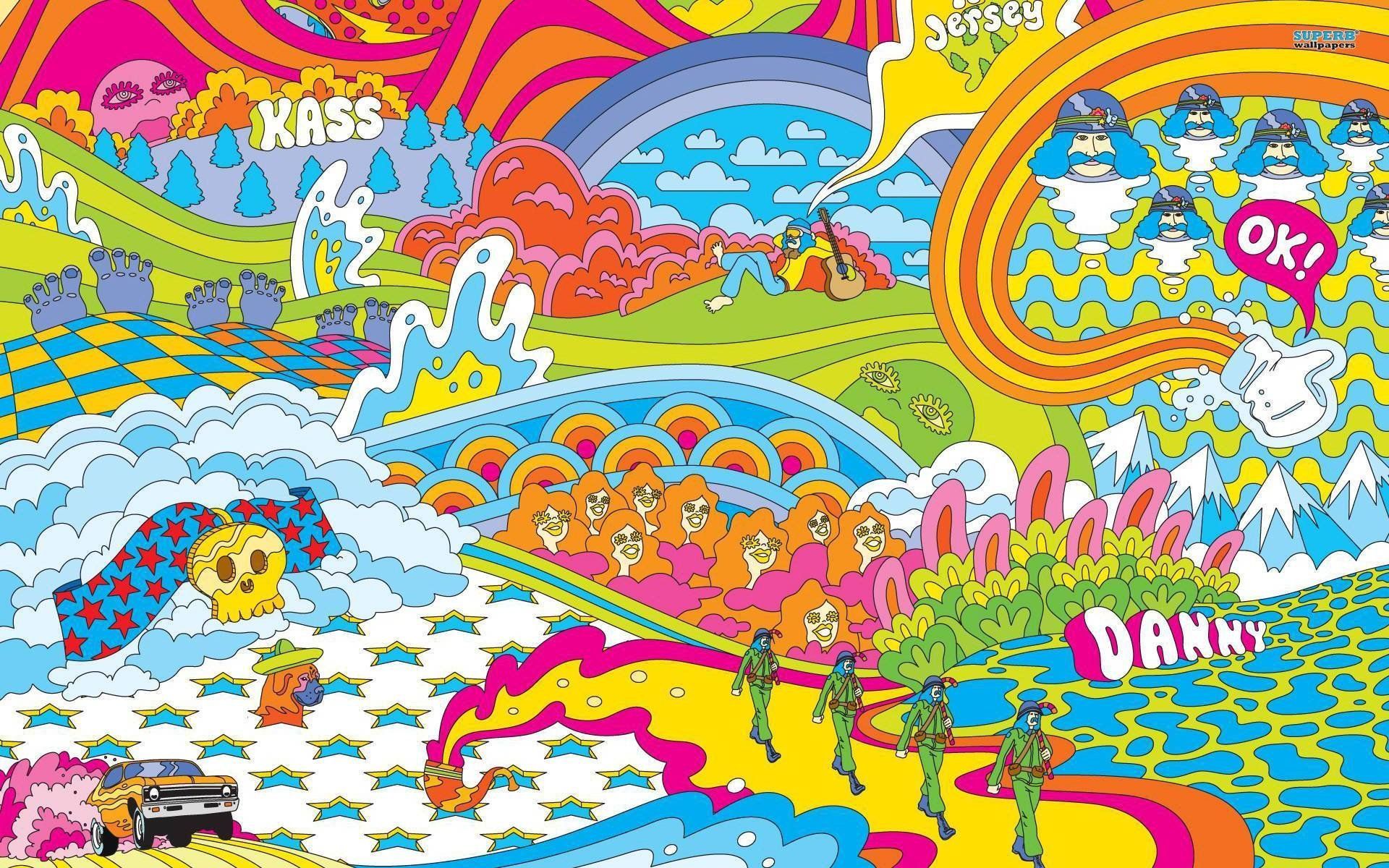 Psychedelic art is a form of art that is characterized by the use of vivid colors, distorted geometric shapes, and other optical illusions. - 70s, 60s, trippy
