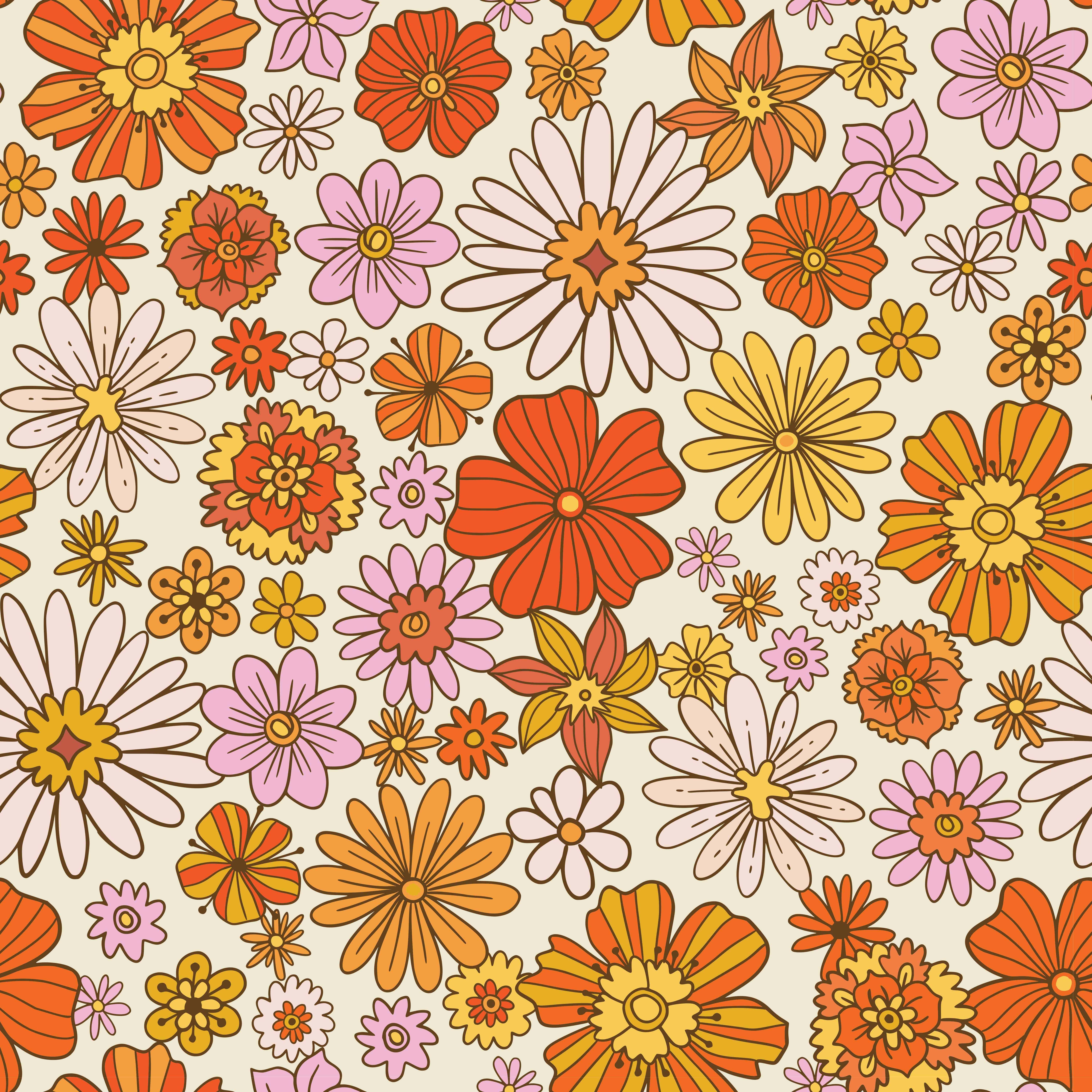 A seamless pattern of orange and pink flowers - 70s