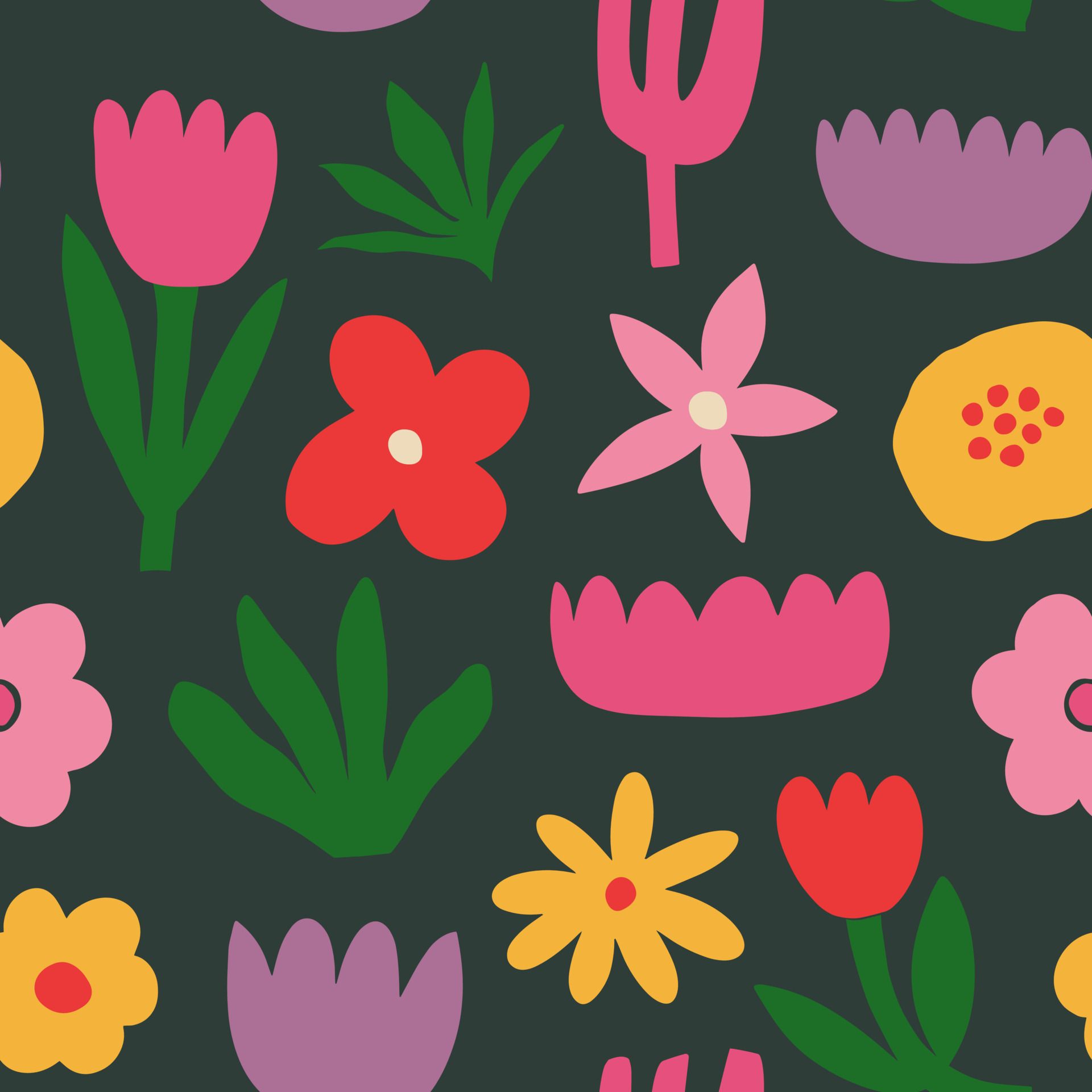 A floral pattern with pink, purple, yellow, and red flowers on a dark green background - 70s