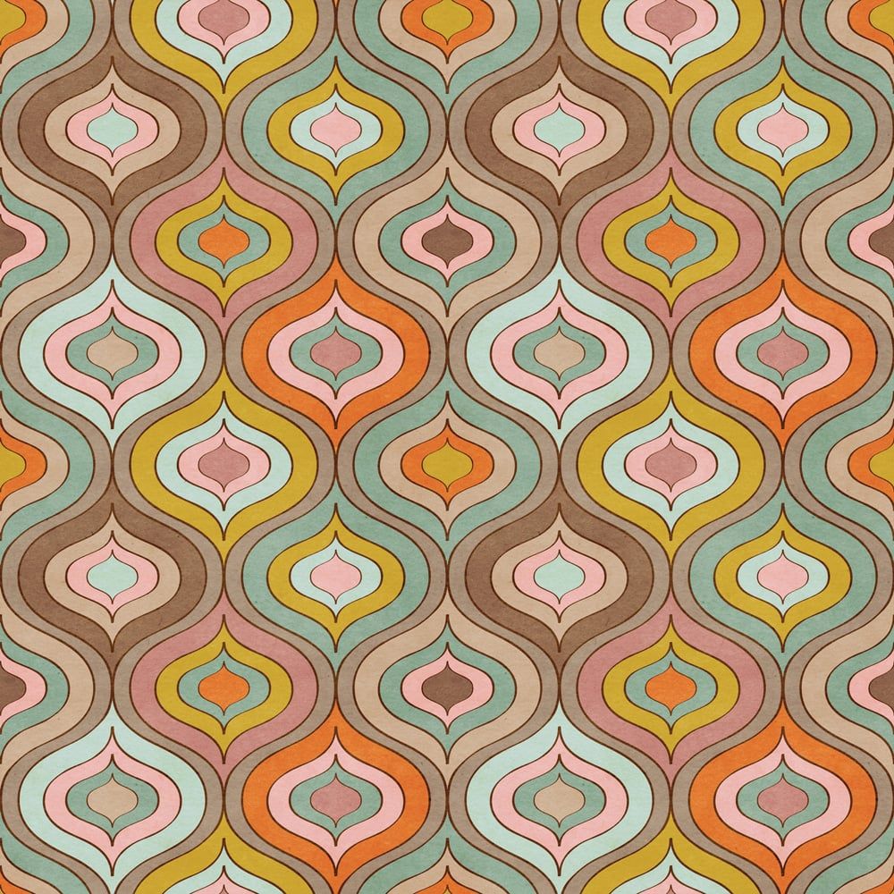 This retro wallpaper is a vintage design with a wave pattern in brown, orange, pink and green - 70s