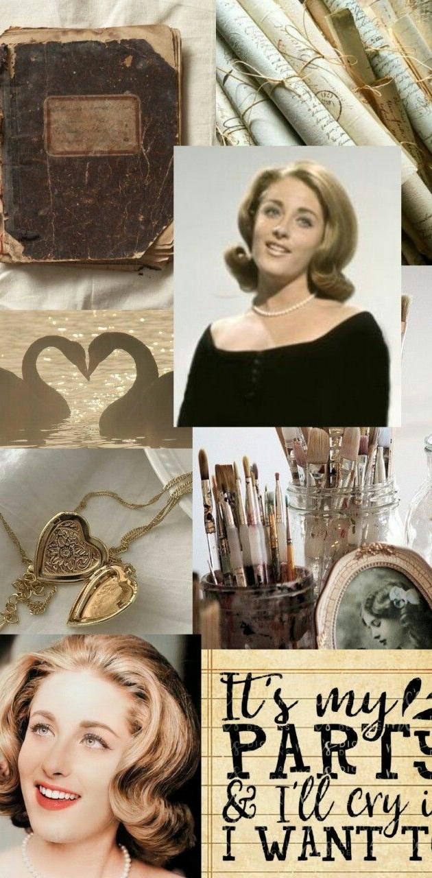 A collage of images of a woman, old books, brushes, and a necklace. - 60s