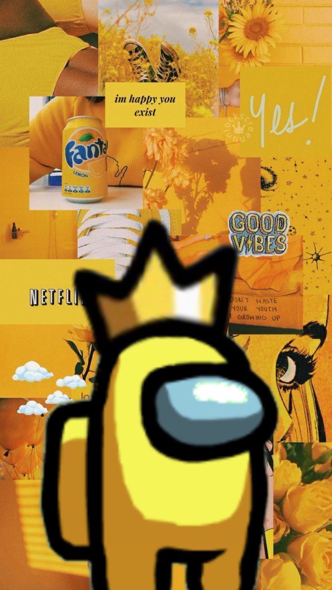 A collage of yellow aesthetic images including Fanta, sunflowers, and a Among Us character with a crown. - Among Us