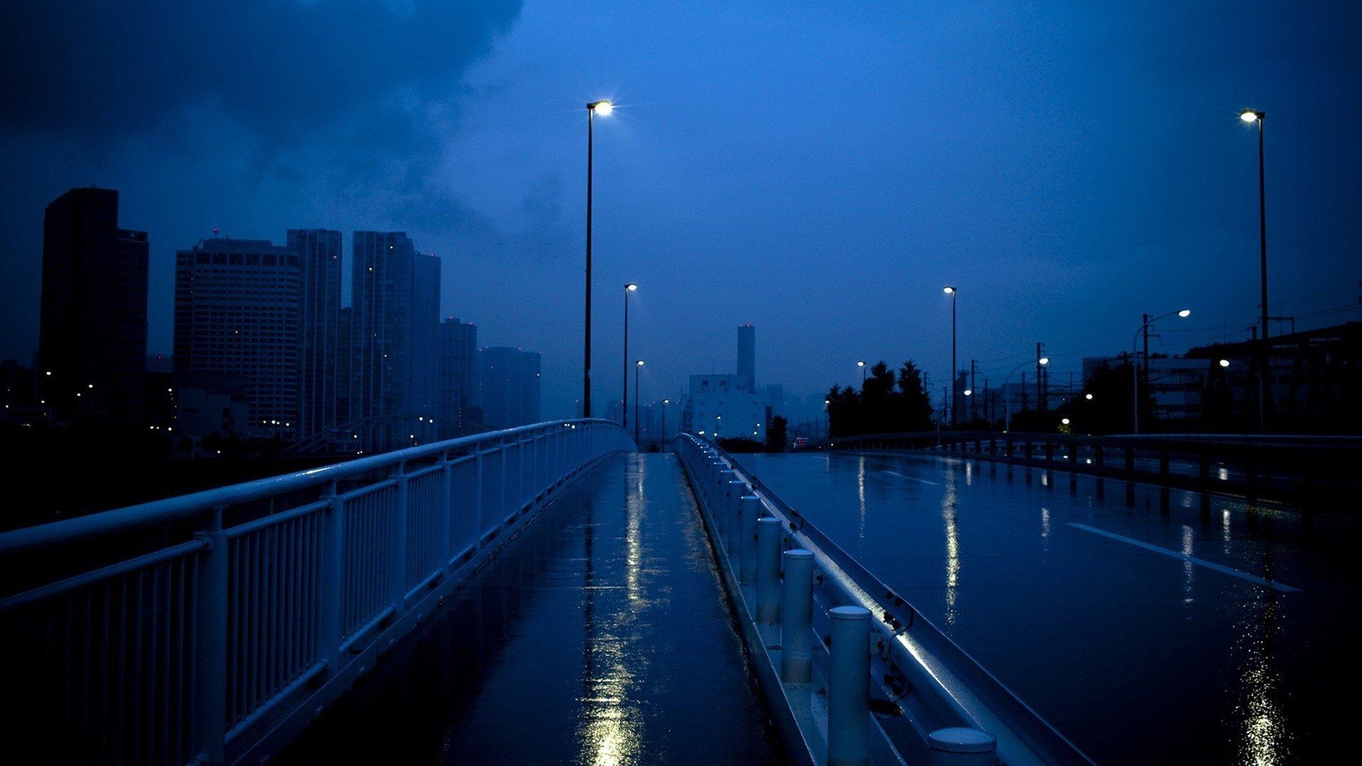 A bridge with lights on it at night - Dark blue