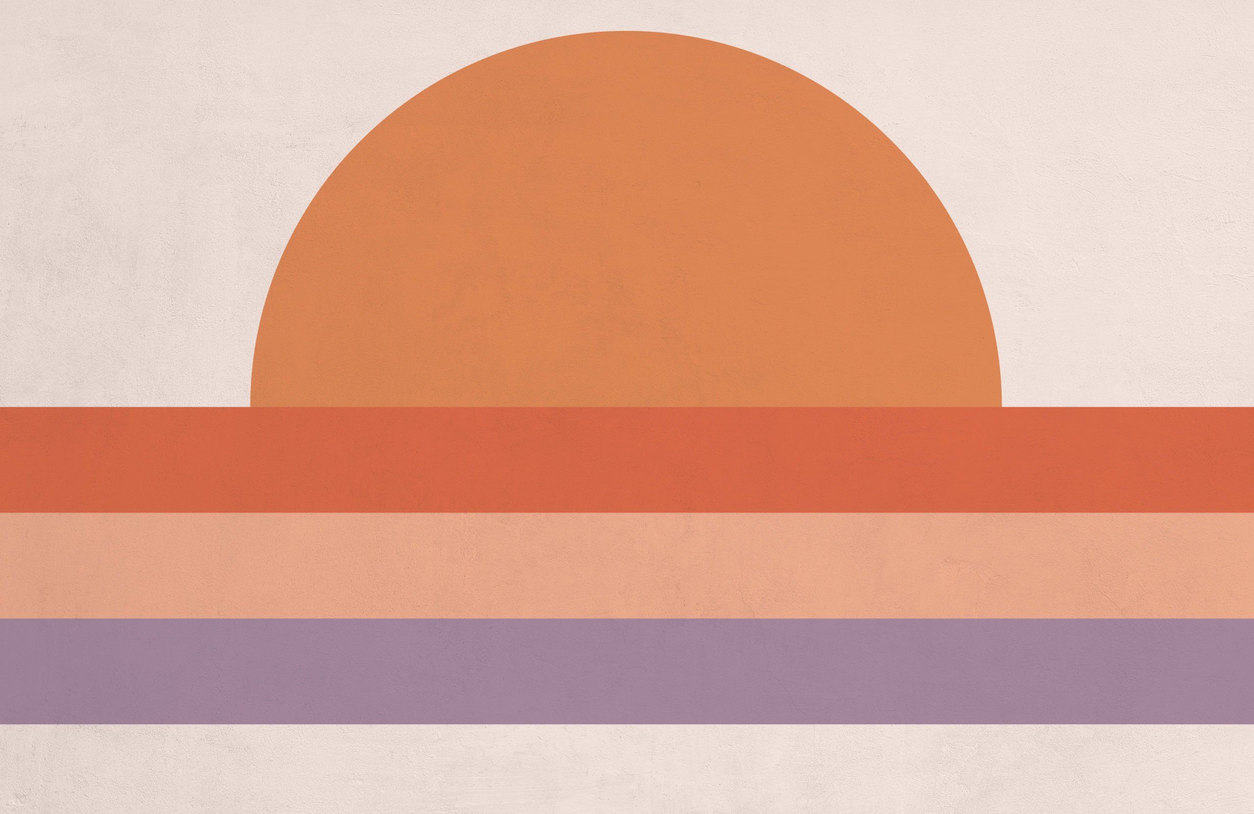 A graphic of a sun setting over three horizontal stripes, the top stripe being orange, the middle stripe being red, and the bottom stripe being purple. - 70s