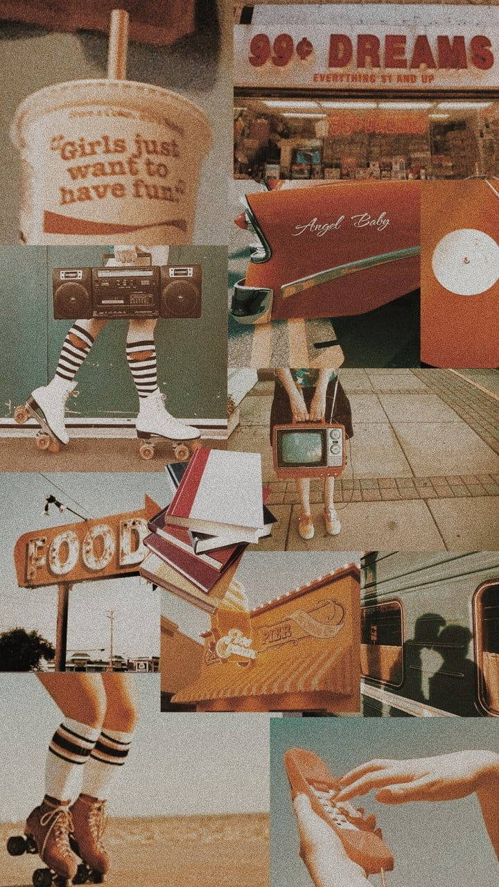 Collage of pictures with a roller skate, books, and a TV. - 70s