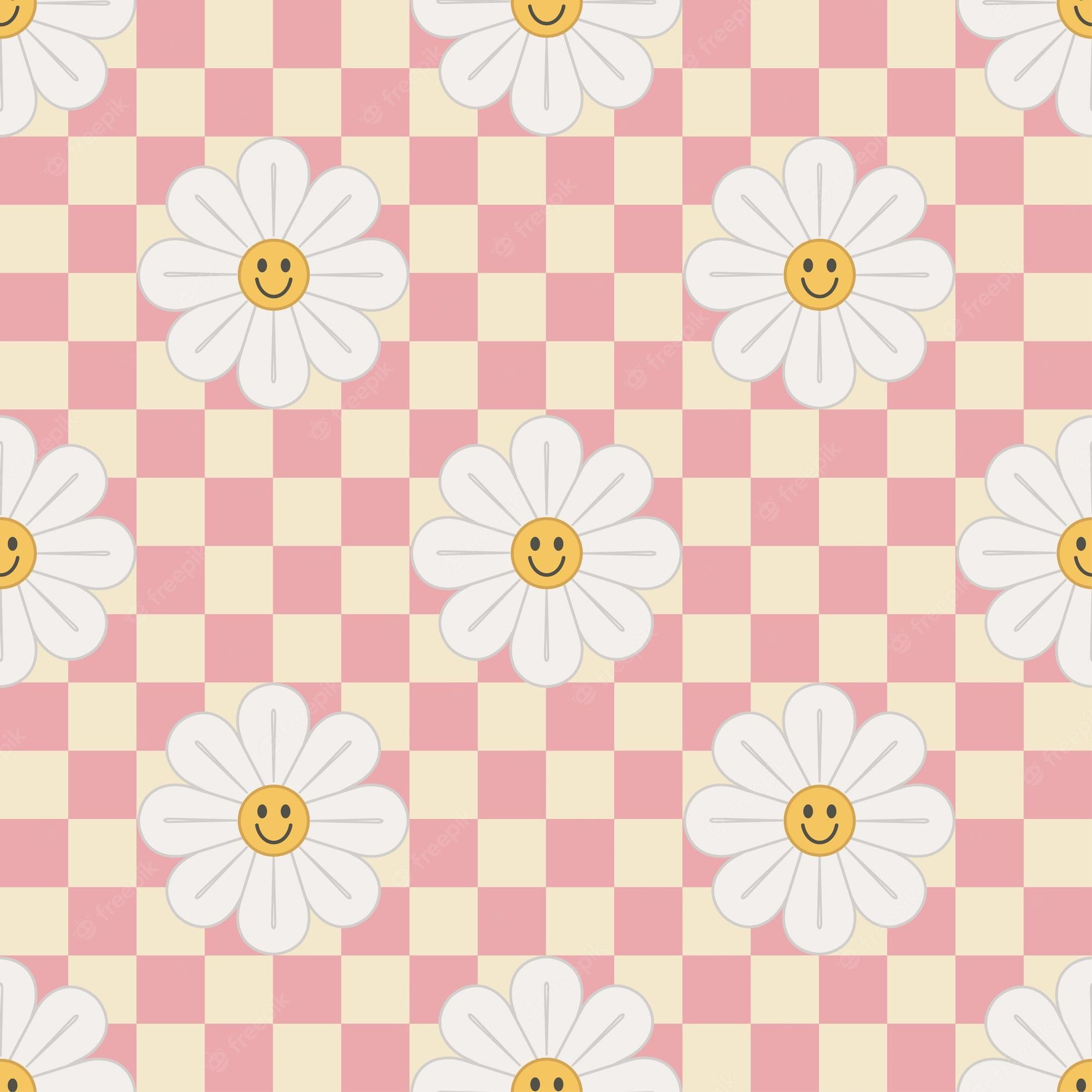Premium Vectors Retro Smile Chamomile Seamless Pattern On Pink Checkered Background. Hippie Aesthetic. Hand Drawn Vector Illustration, Flat Design. Kids Graphic Cover Or Sticker
