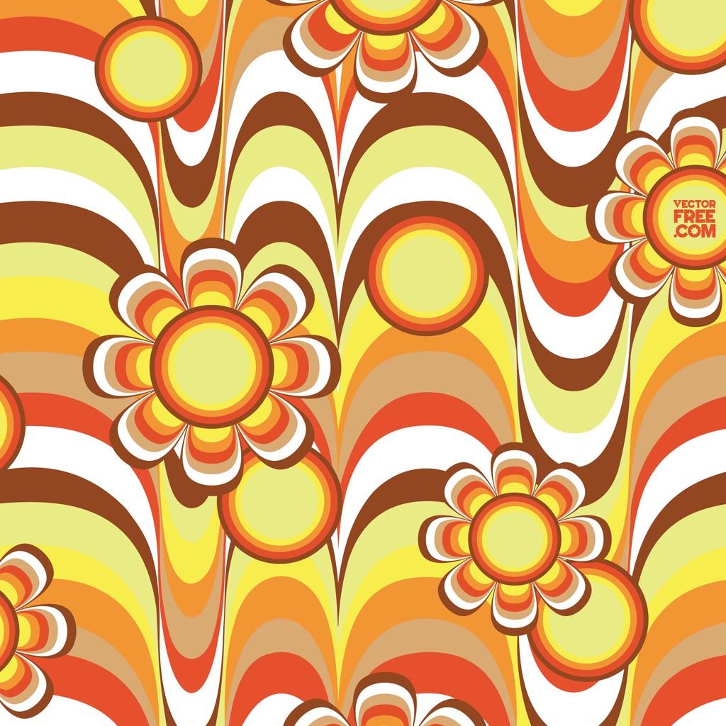 A pattern with flowers and swirls in orange, yellow - 70s