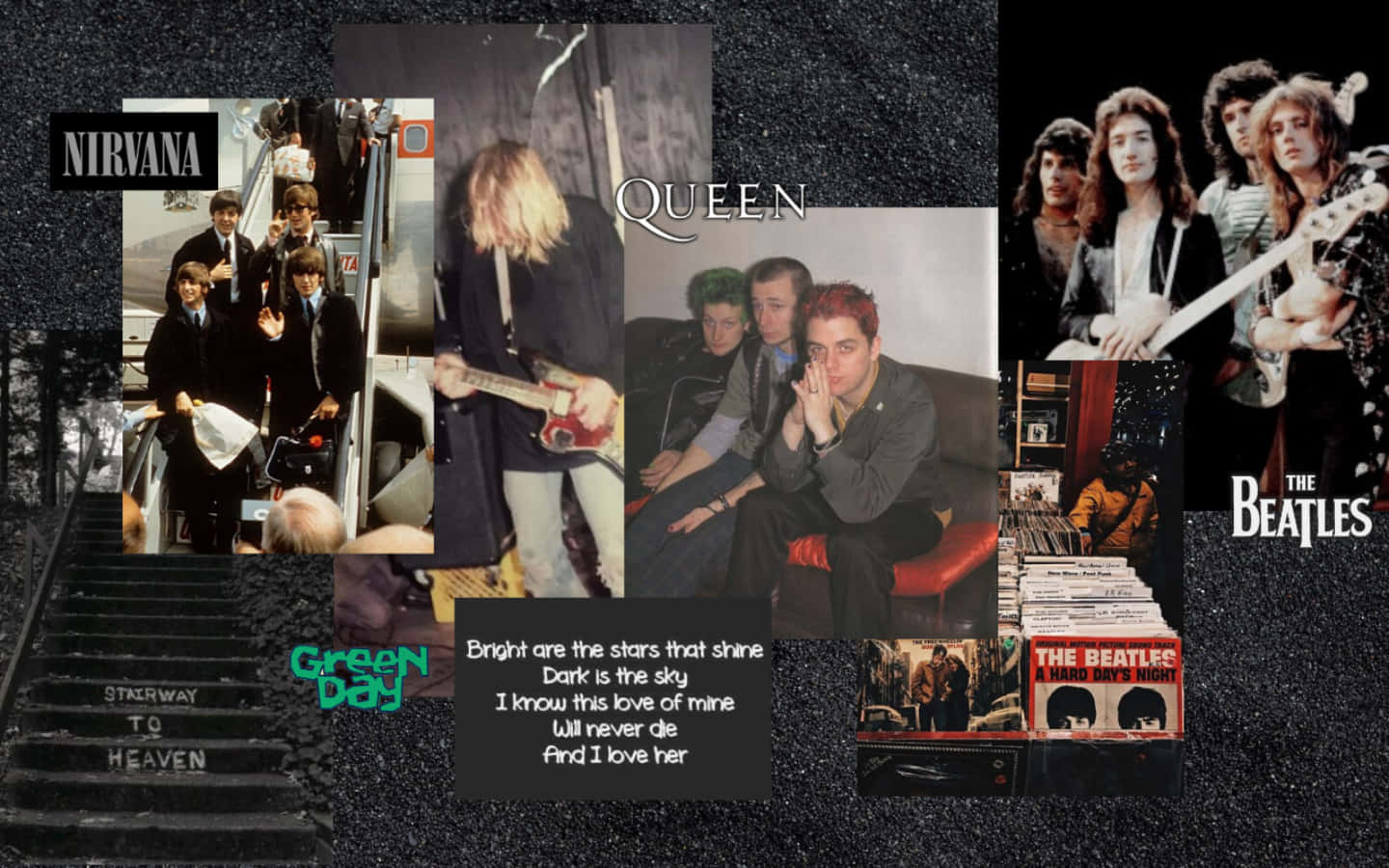 A collage of Queen, Green Day, and Nirvana. - Nirvana