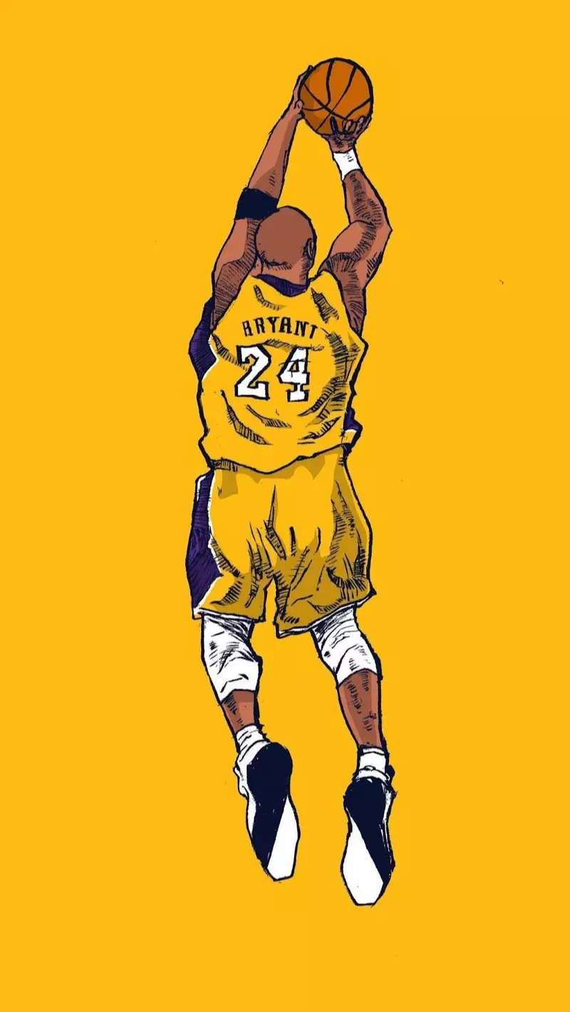 A cartoon of Kobe Bryant in his Lakers jersey, jumping up to dunk the basketball. - NBA