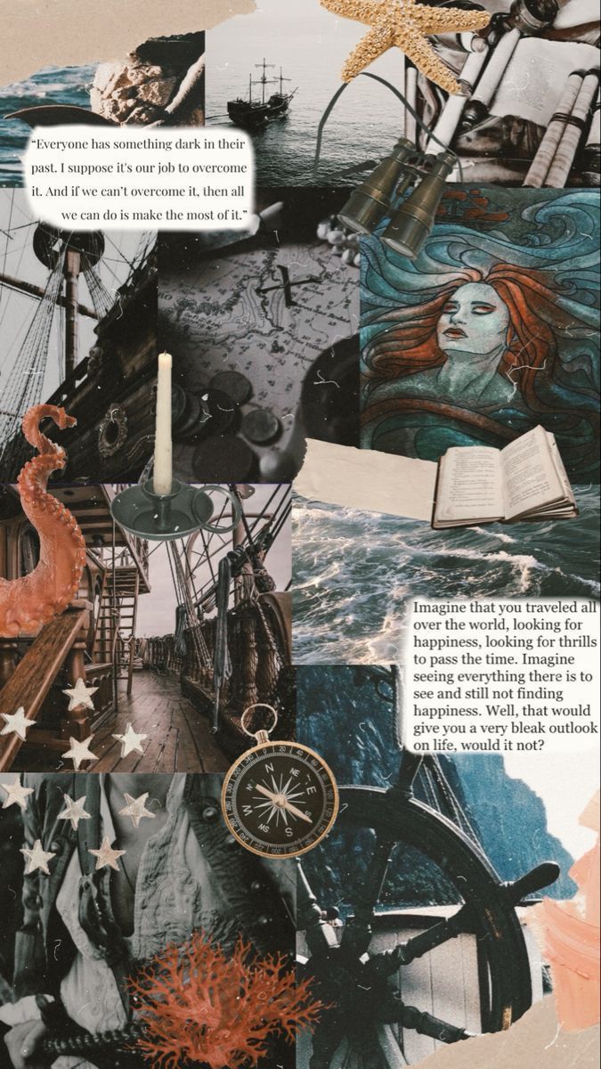A collage of images including a ship, a book, a compass, and a quote. - Pirate
