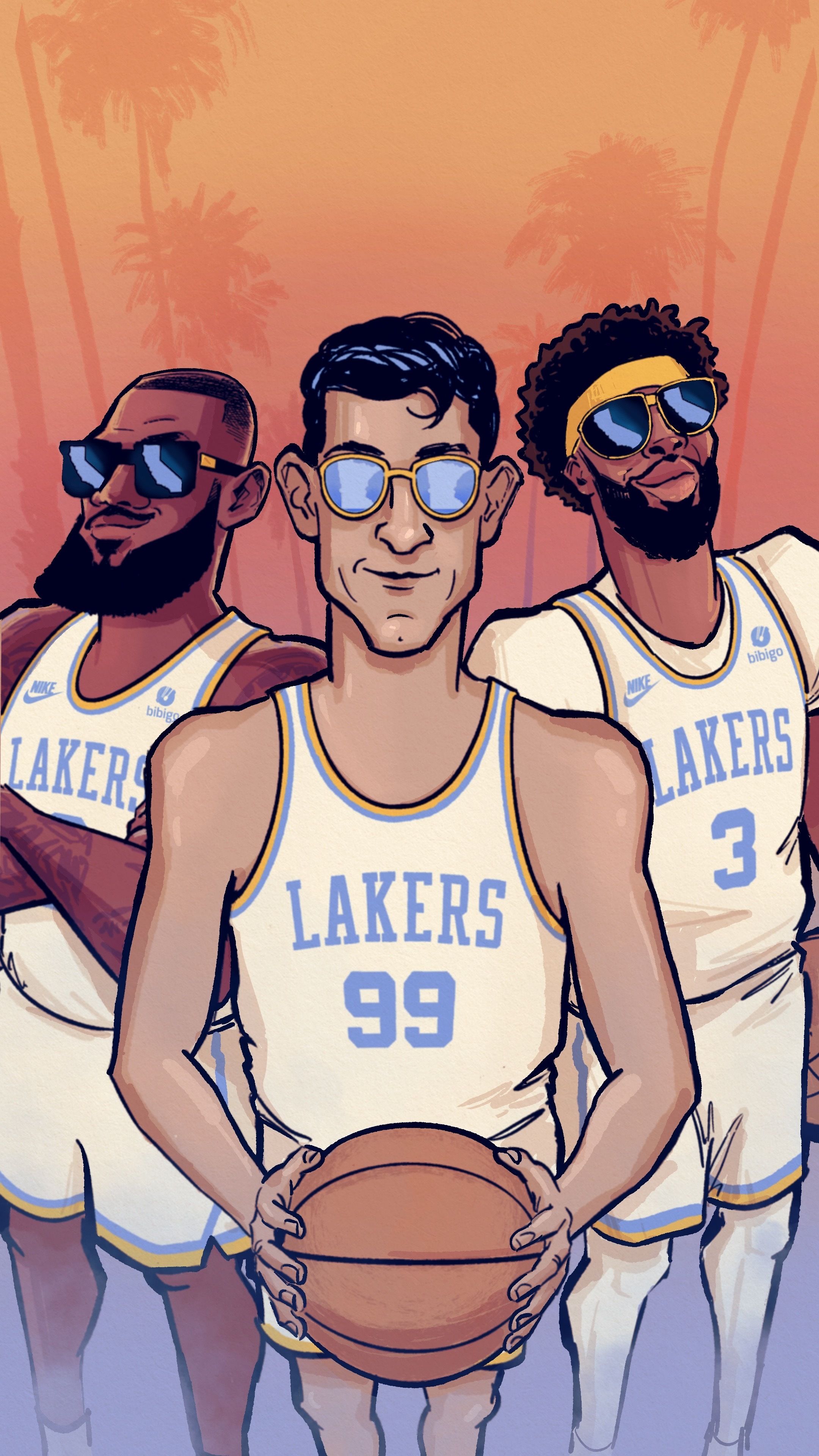 A cartoon of three basketball players standing together - NBA, basketball