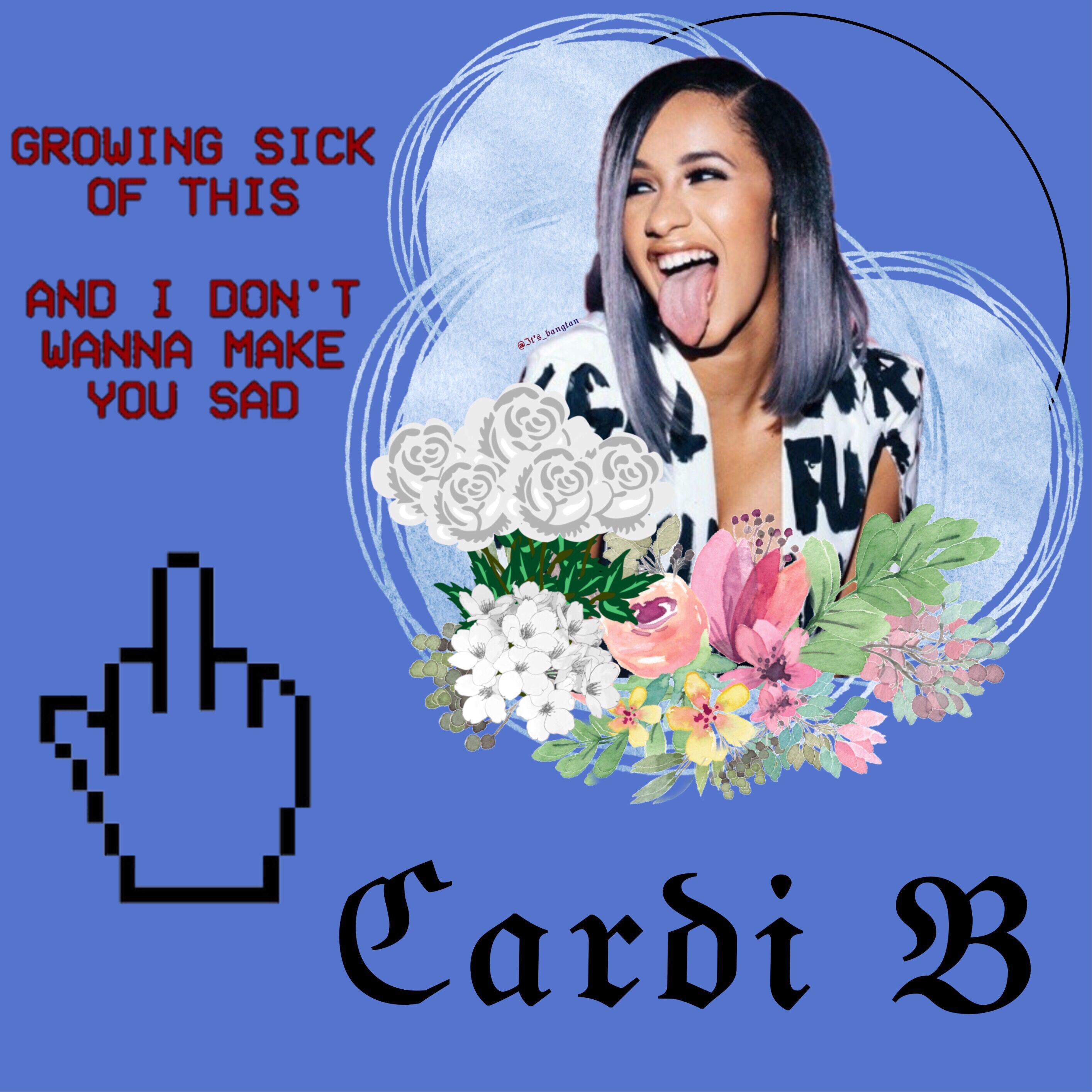 Cardi B album cover with a blue background and a picture of Cardi B on the right. On the left is a hand cursor and the words 