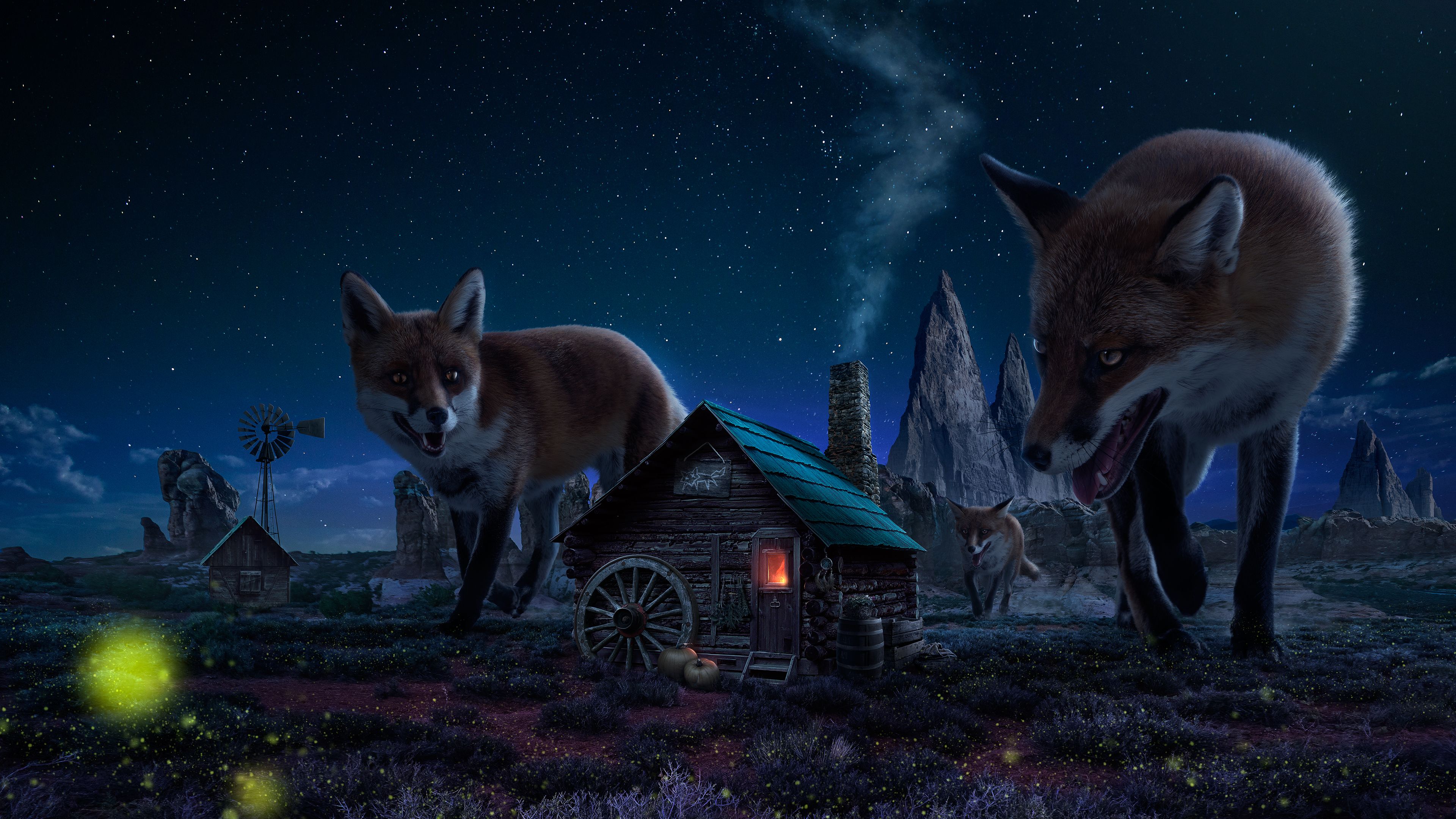 Two foxes outside a small house in a fantasy world - Fox