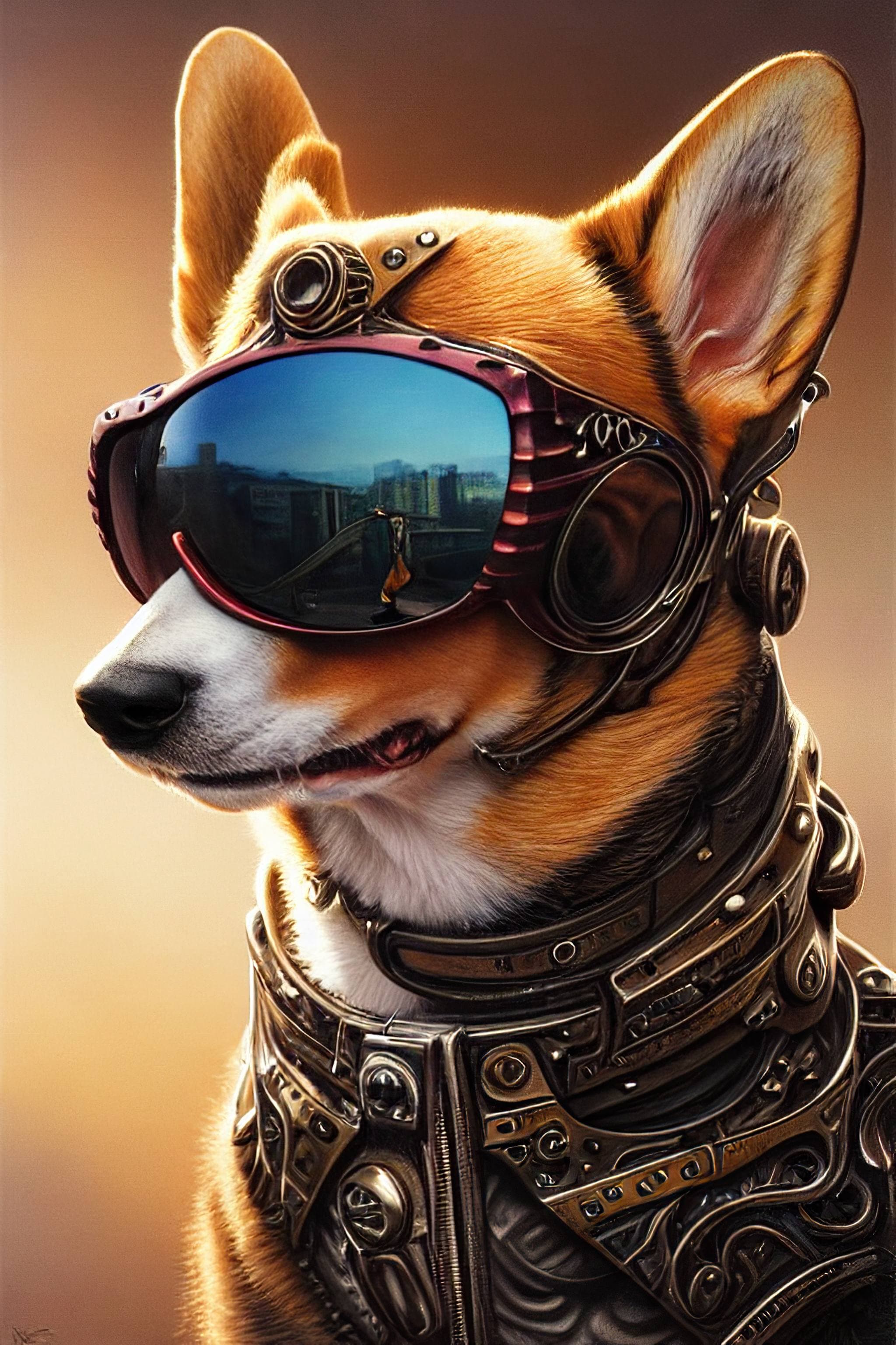 Pembroke Welsh Corgi wearing sunglasses and armor