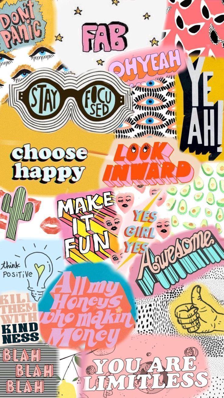 Aesthetic phone background collage of stickers and quotes - 90s