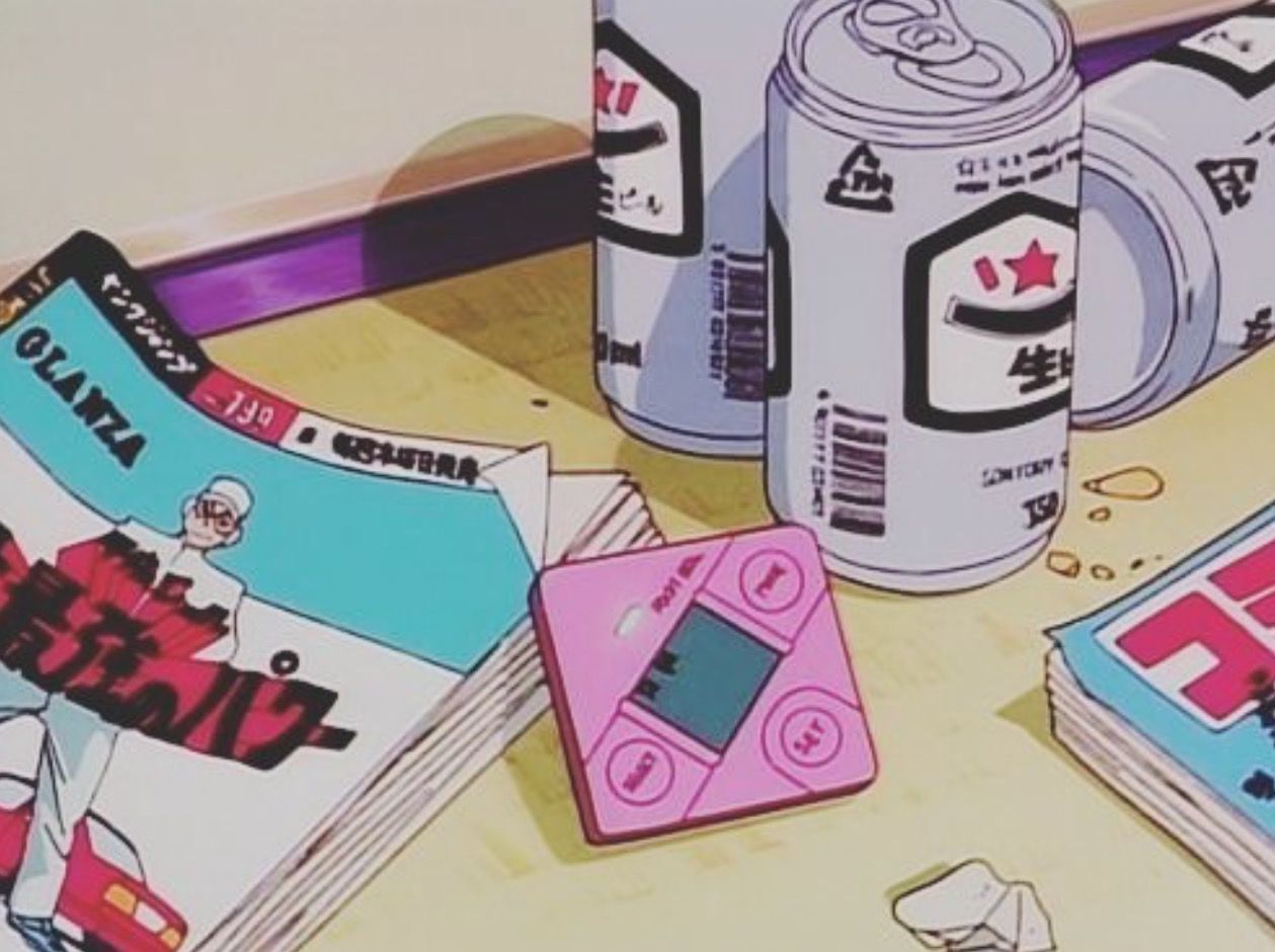 A cartoon character is sitting on the floor with some cans - 80s